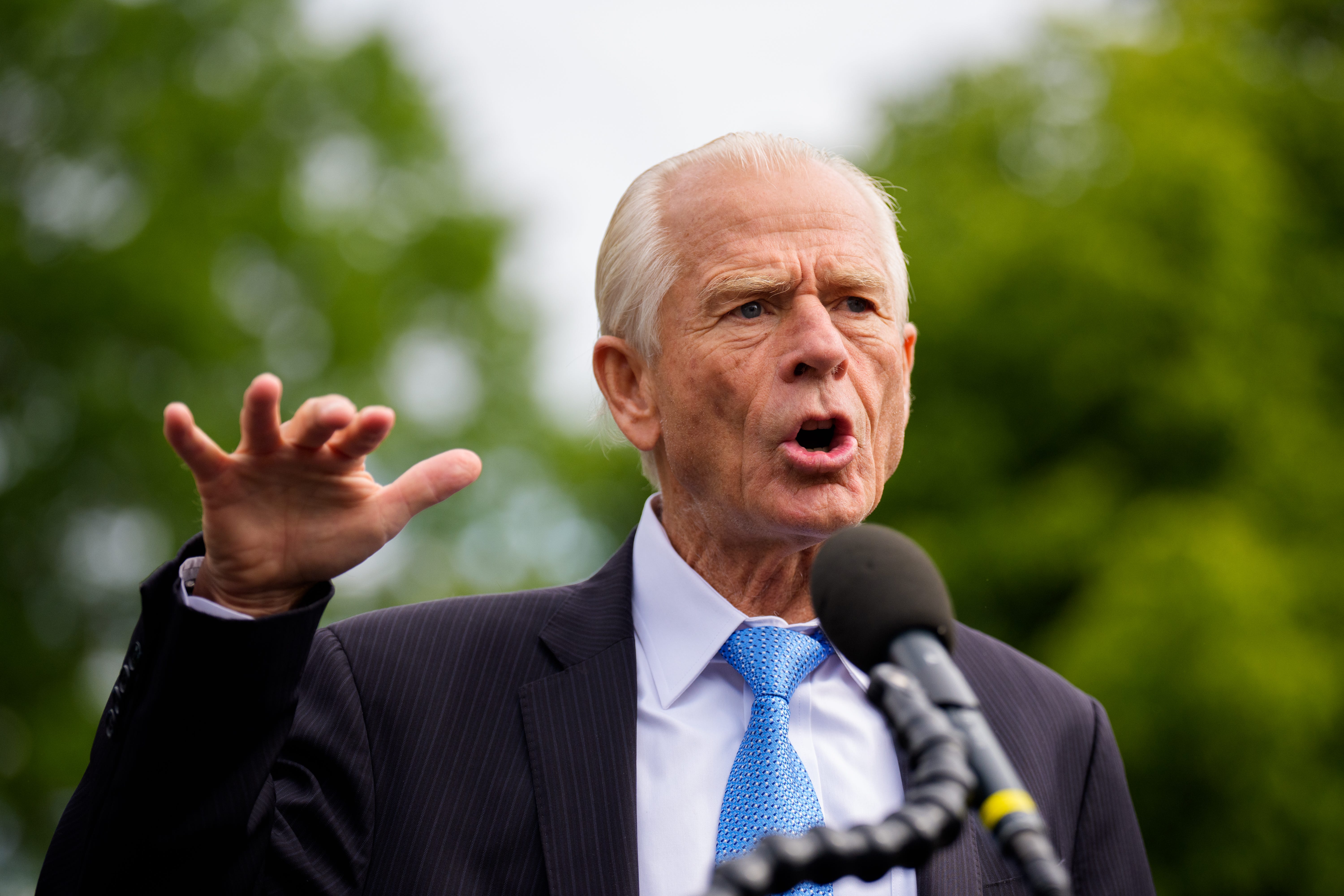 White House Senior trade adviser Peter Navarro in a suit speaking into a microphone outside.