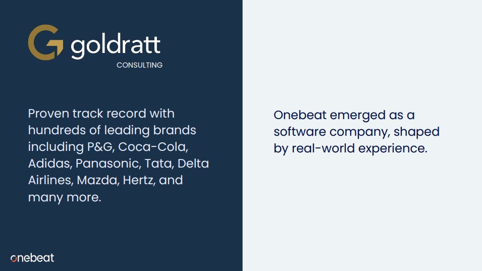 Onebeat pitch deck describes how it emerged from Goldratt Consulting