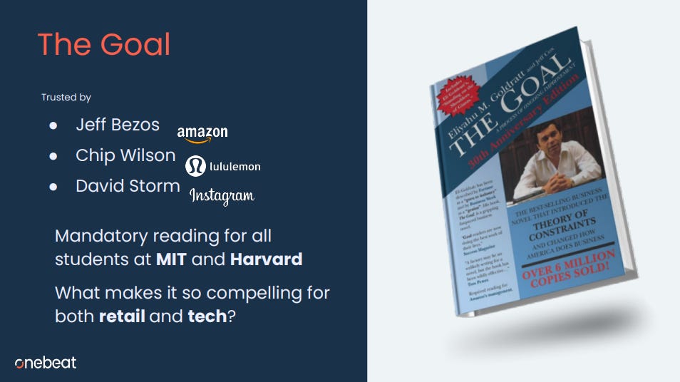 Onebeat pitch deck highlights The Goal book trusted by business leaders