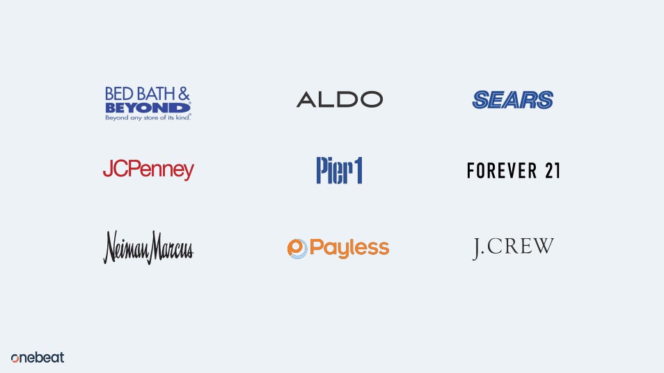 Onebeat pitch deck lists retailers that have gone bankrupt, including Sears, JCPenney, and Pier1
