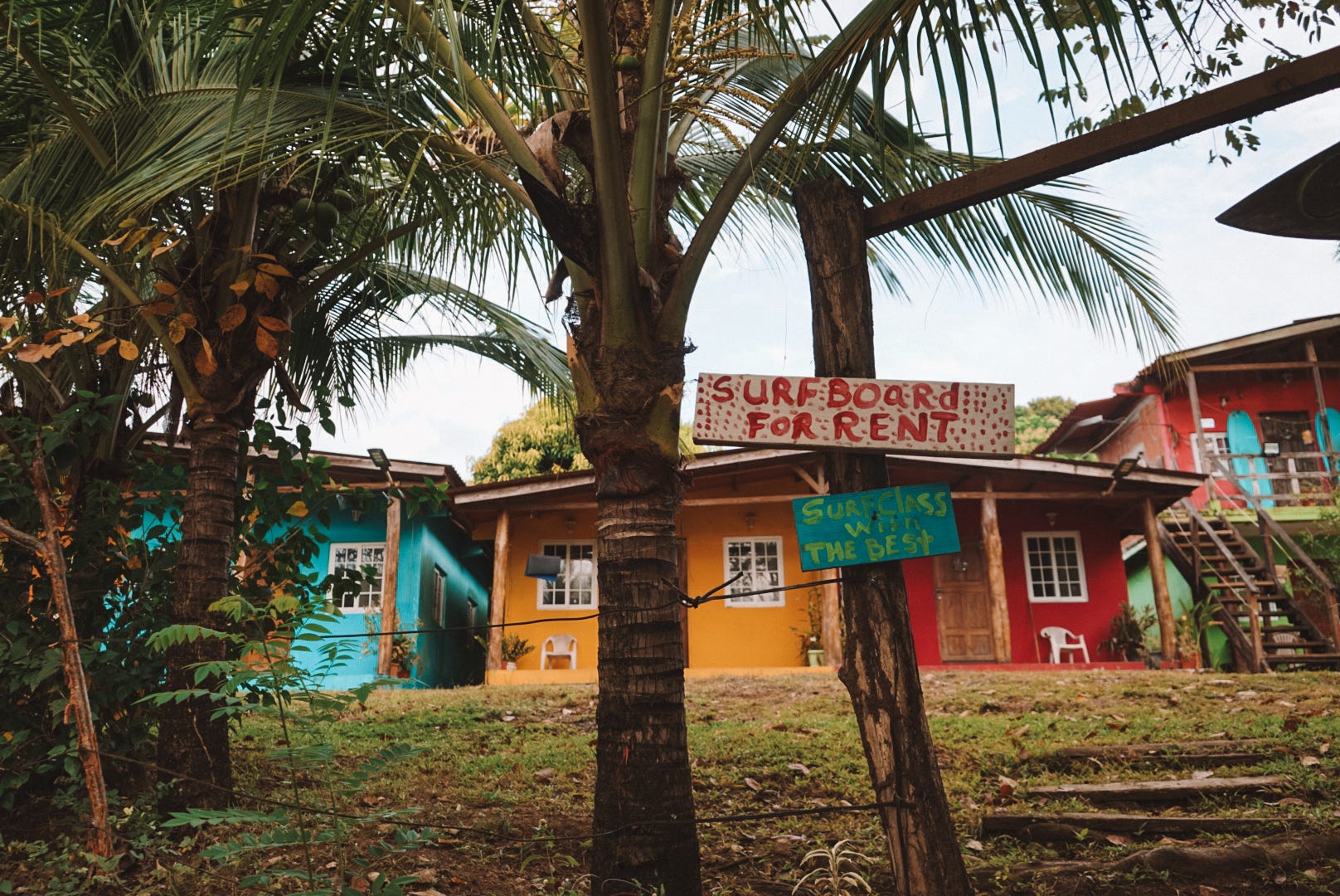 Colorful houses and surfboard for rent sign on palm tree