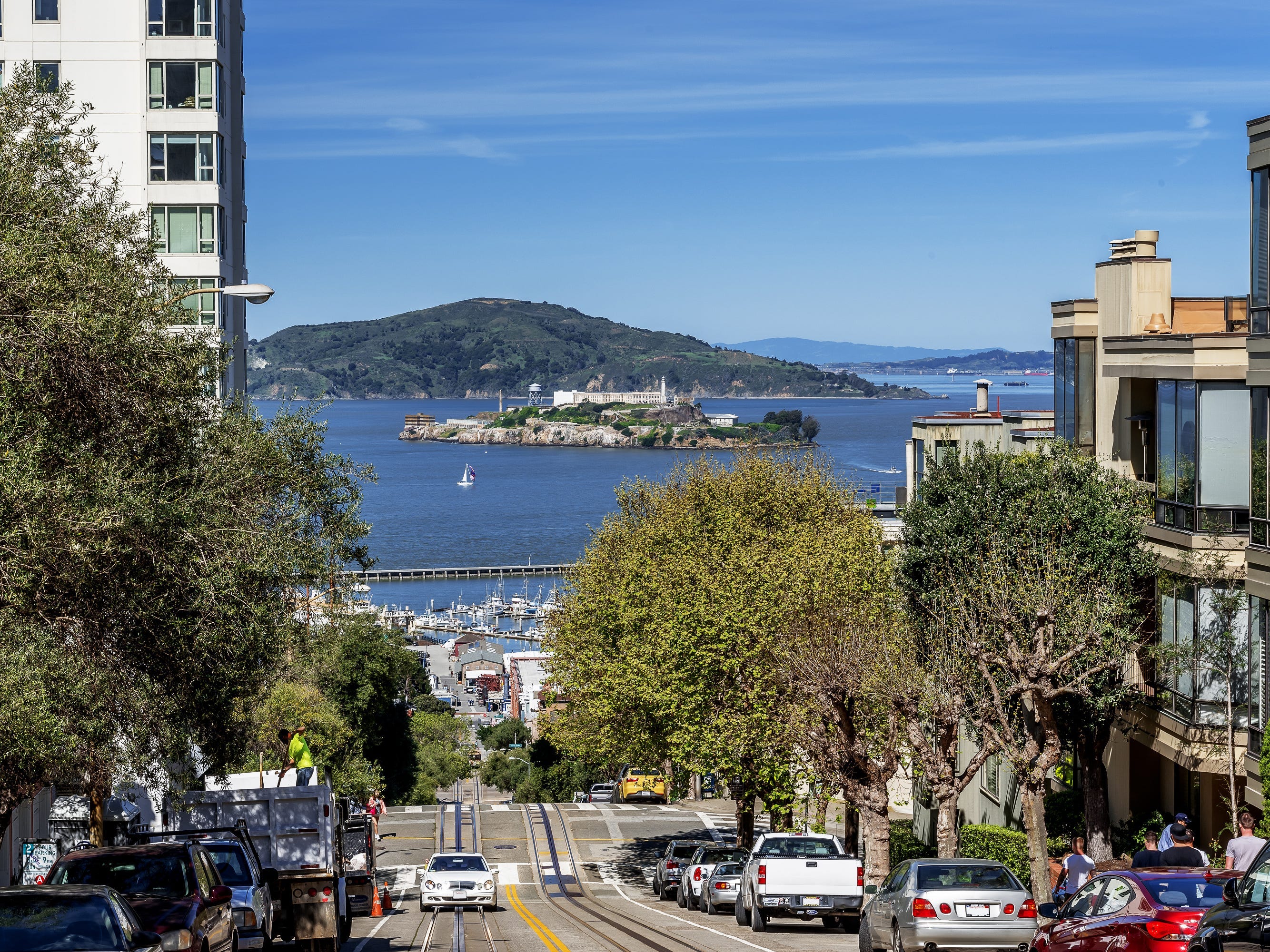 Alcatraz Island photographed from the residential area of Russian Hill and Nob Hill, in the North Beach area of San Francisco, California.