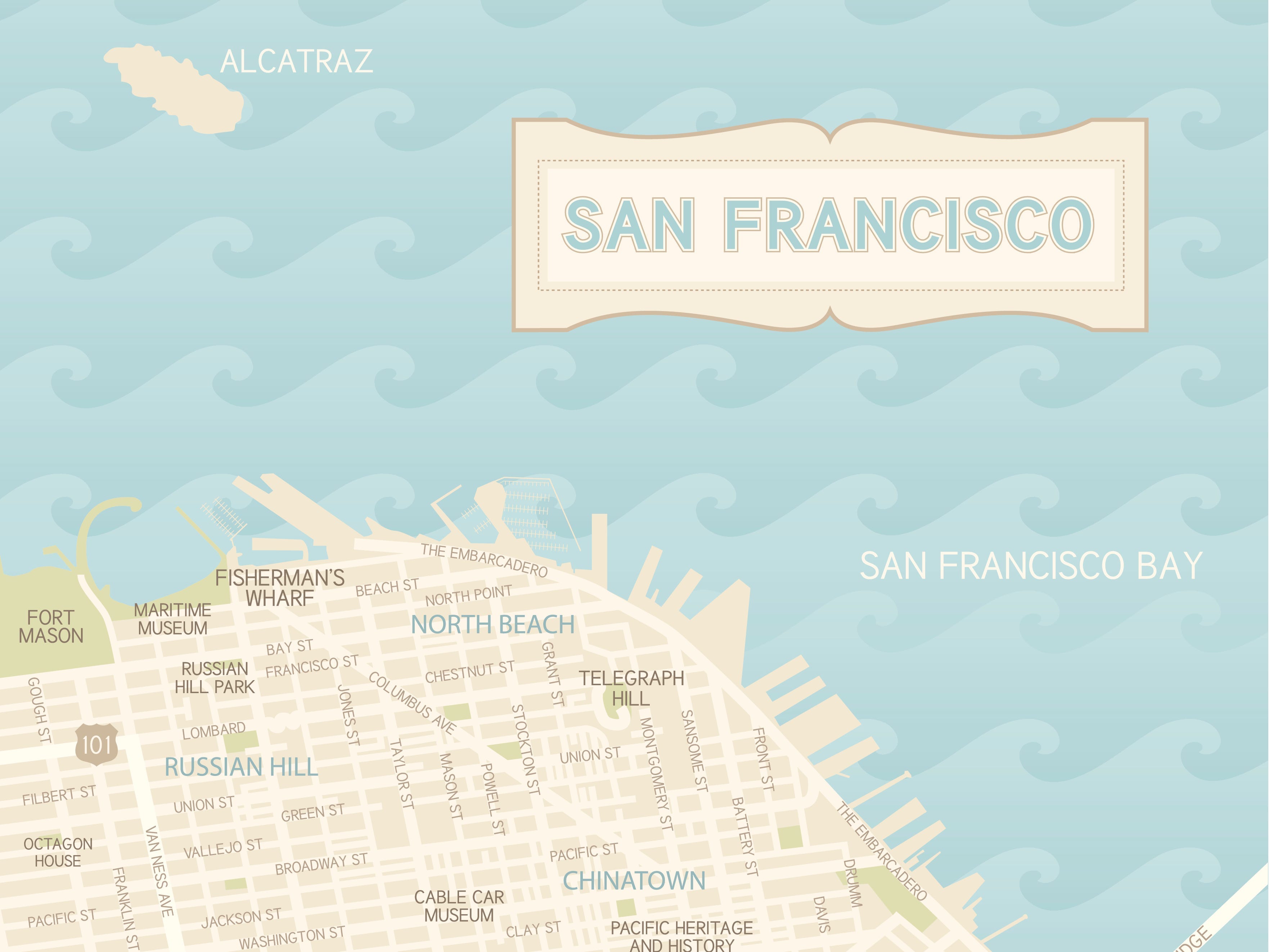 A map of San Francisco with Alcatraz in the top left