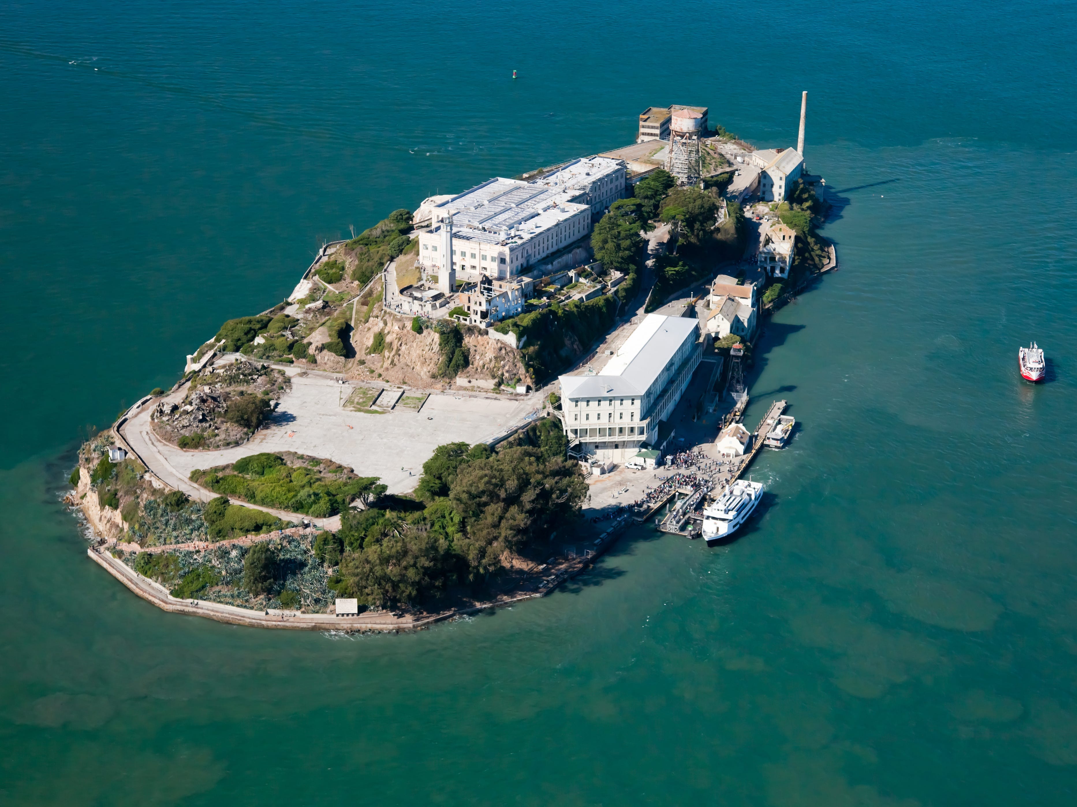 Aerial view of Alcatraz jail in San Francisco bay.