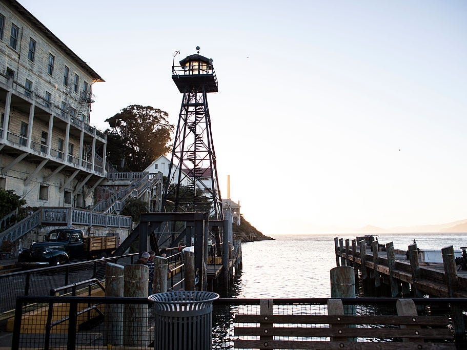 The guard tower and ferry landing at Alcatraz Jail in San Francisco, California