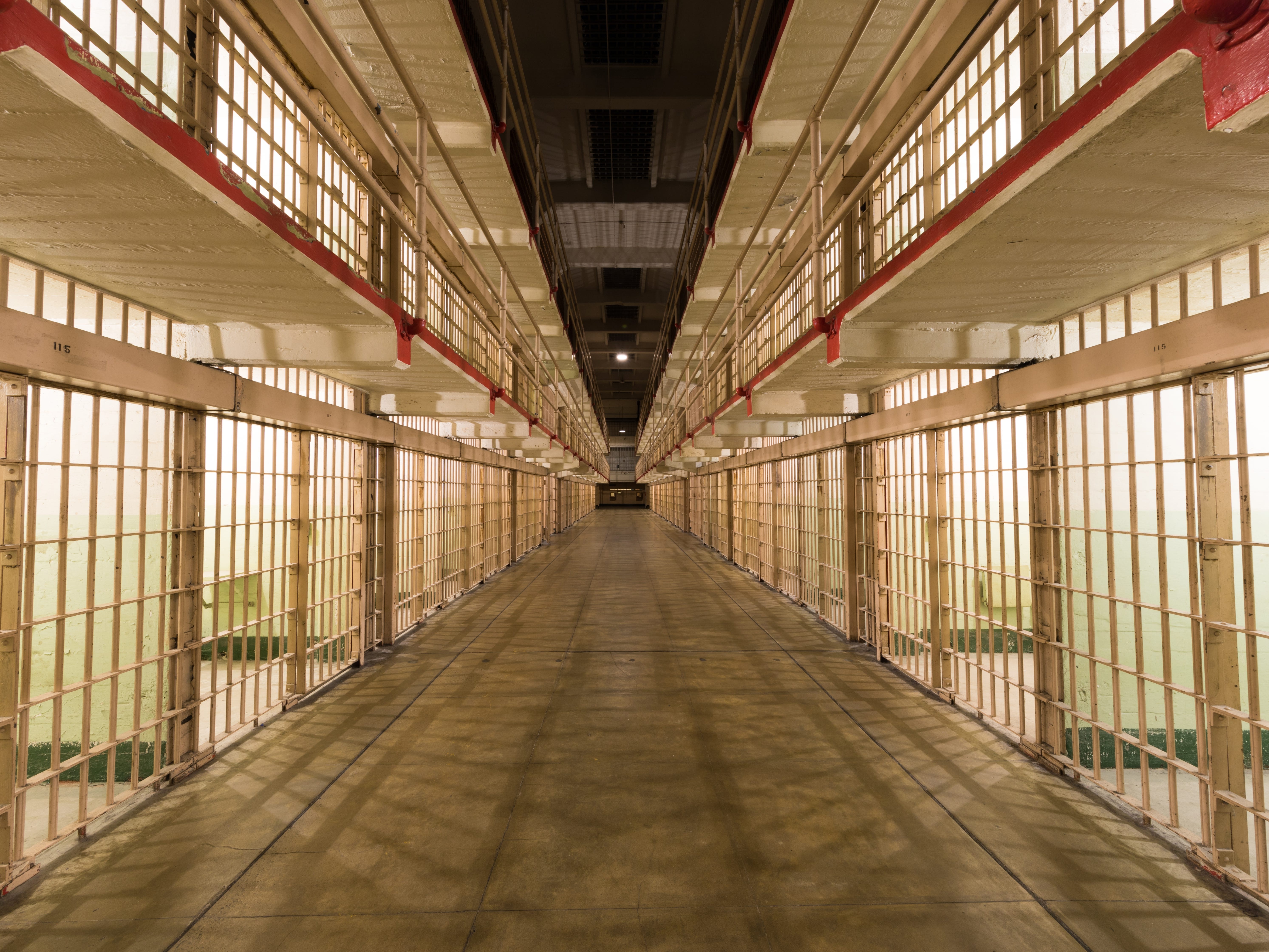 Broadway, the main corridor of the cellhouse dividing B and C Blocks of Alcatraz Prison at Alcatraz Island.