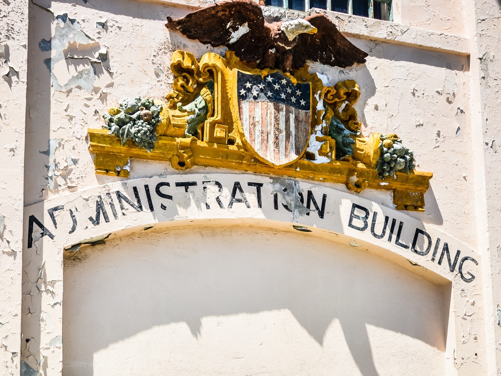 Front doors to the administration building at the entrance to Alcatraz prison.