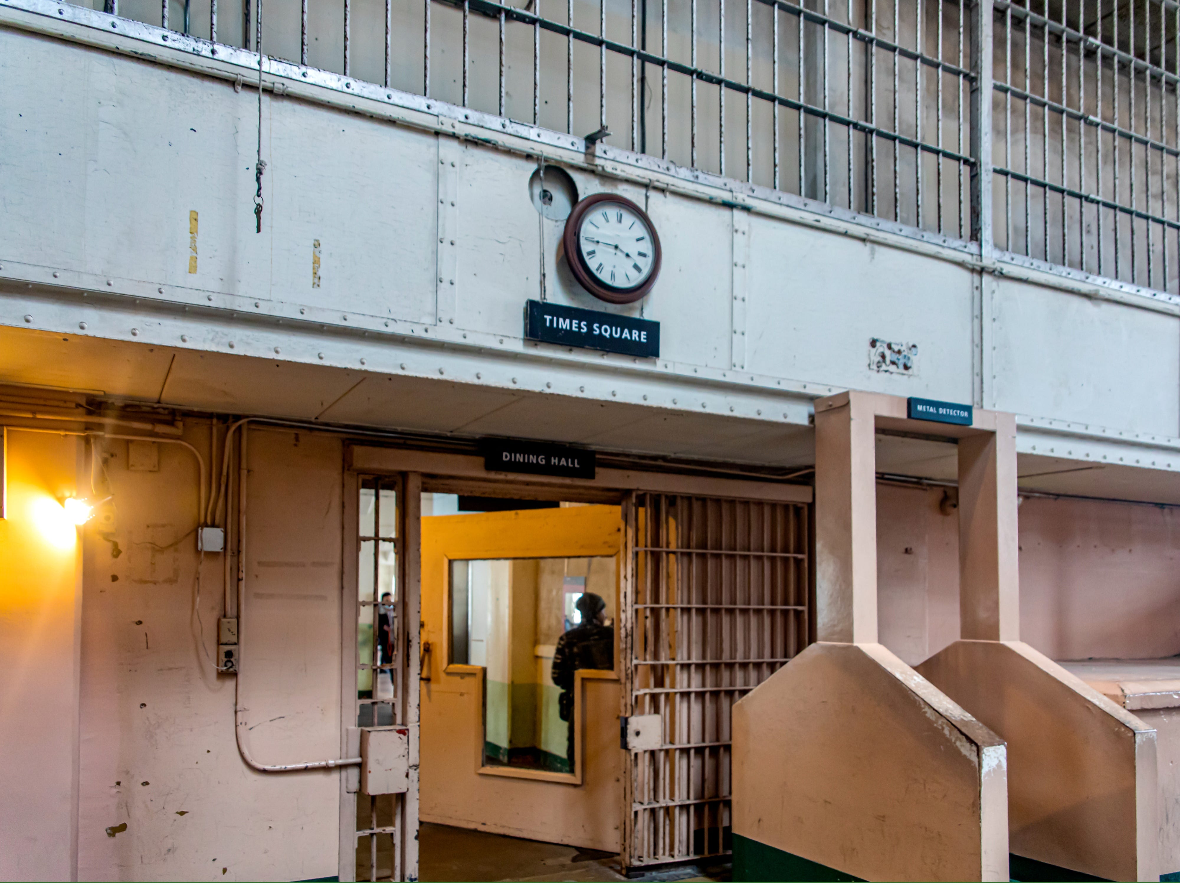 Clock in the dining room of the federal prison on Alcatraz Island in the middle of San Francisco, California.