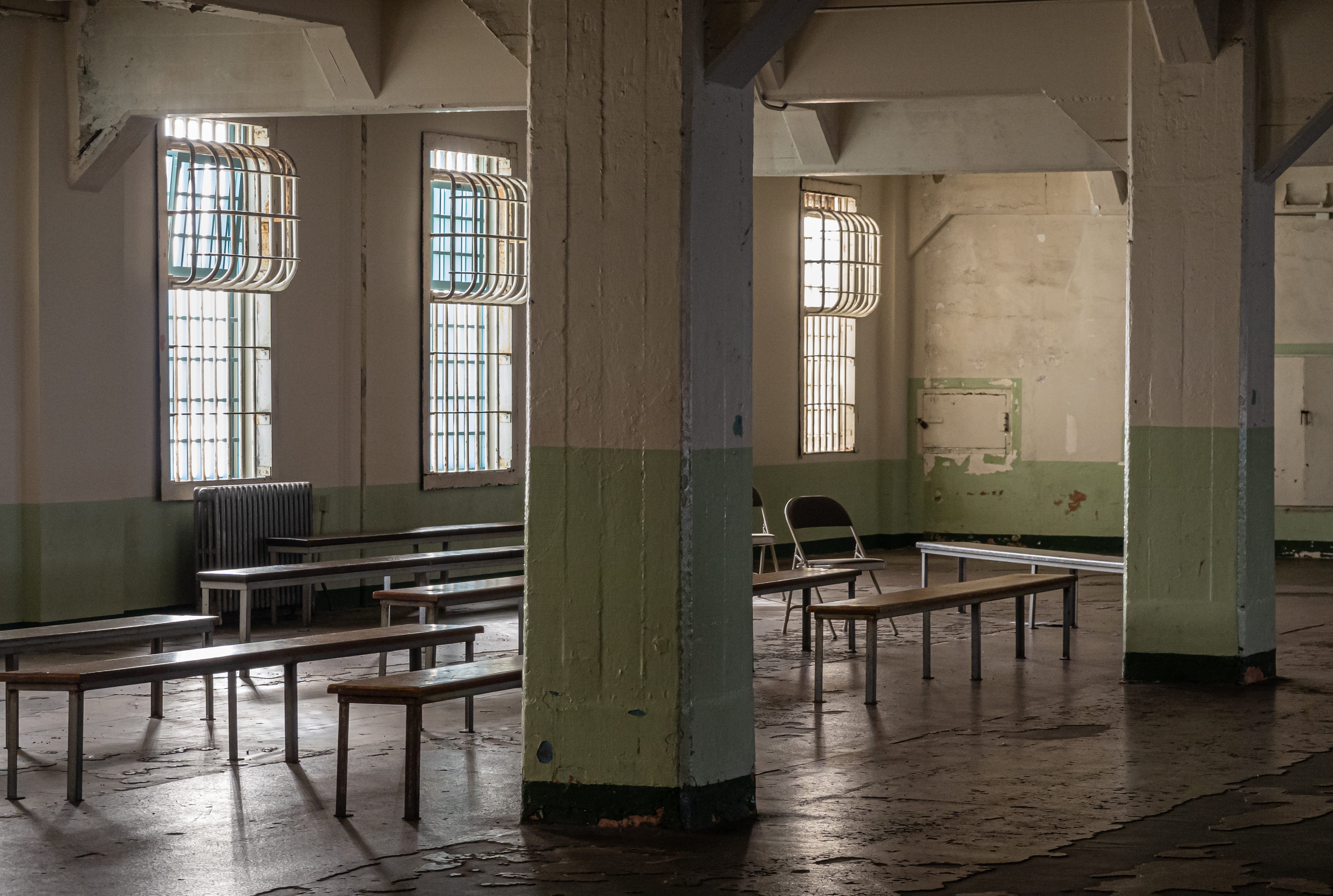 Inmate meeting room for recreation insider historic Alcatraz prison.