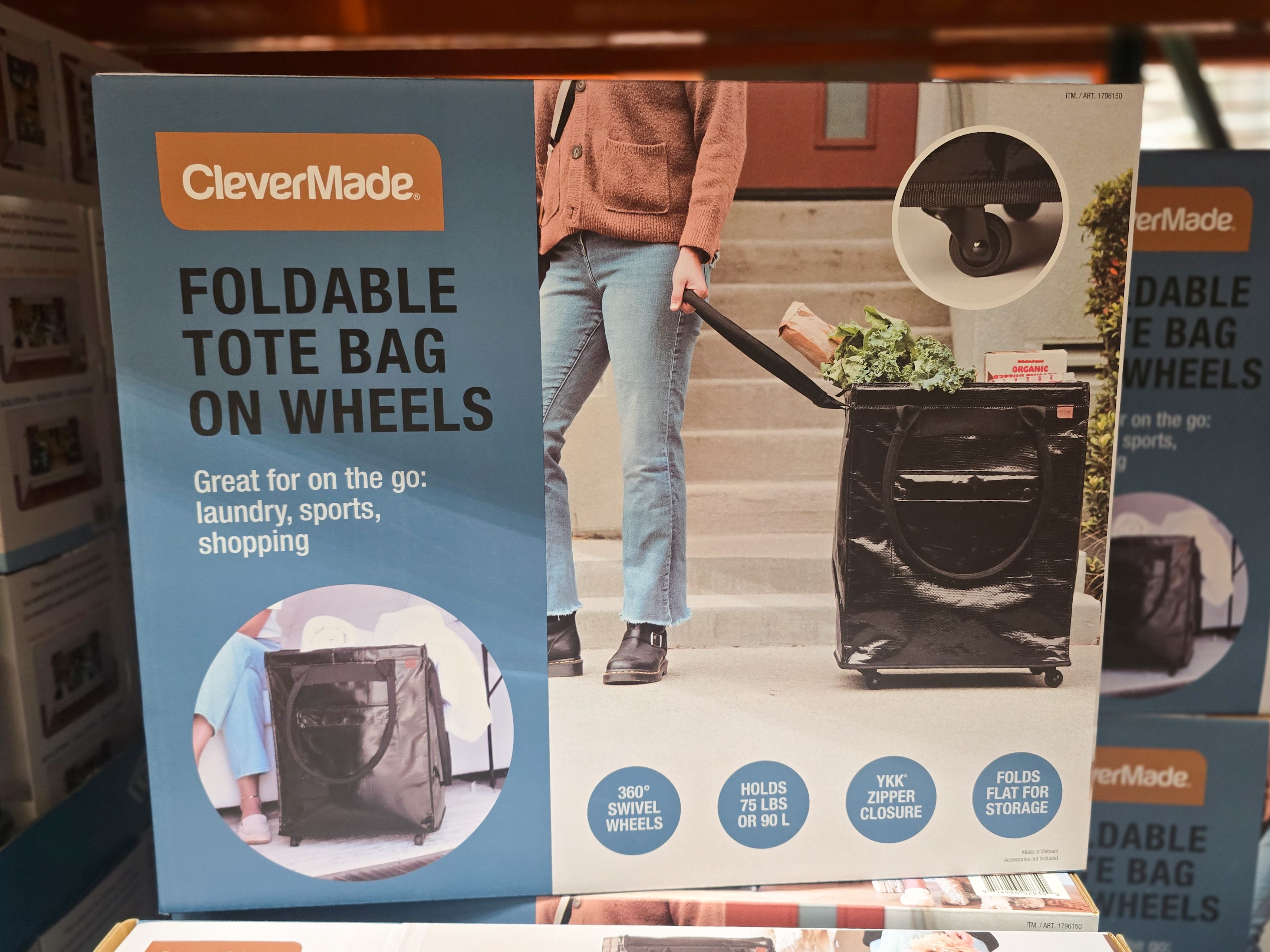 The box for a CleverMade foldable tote bag on wheels.