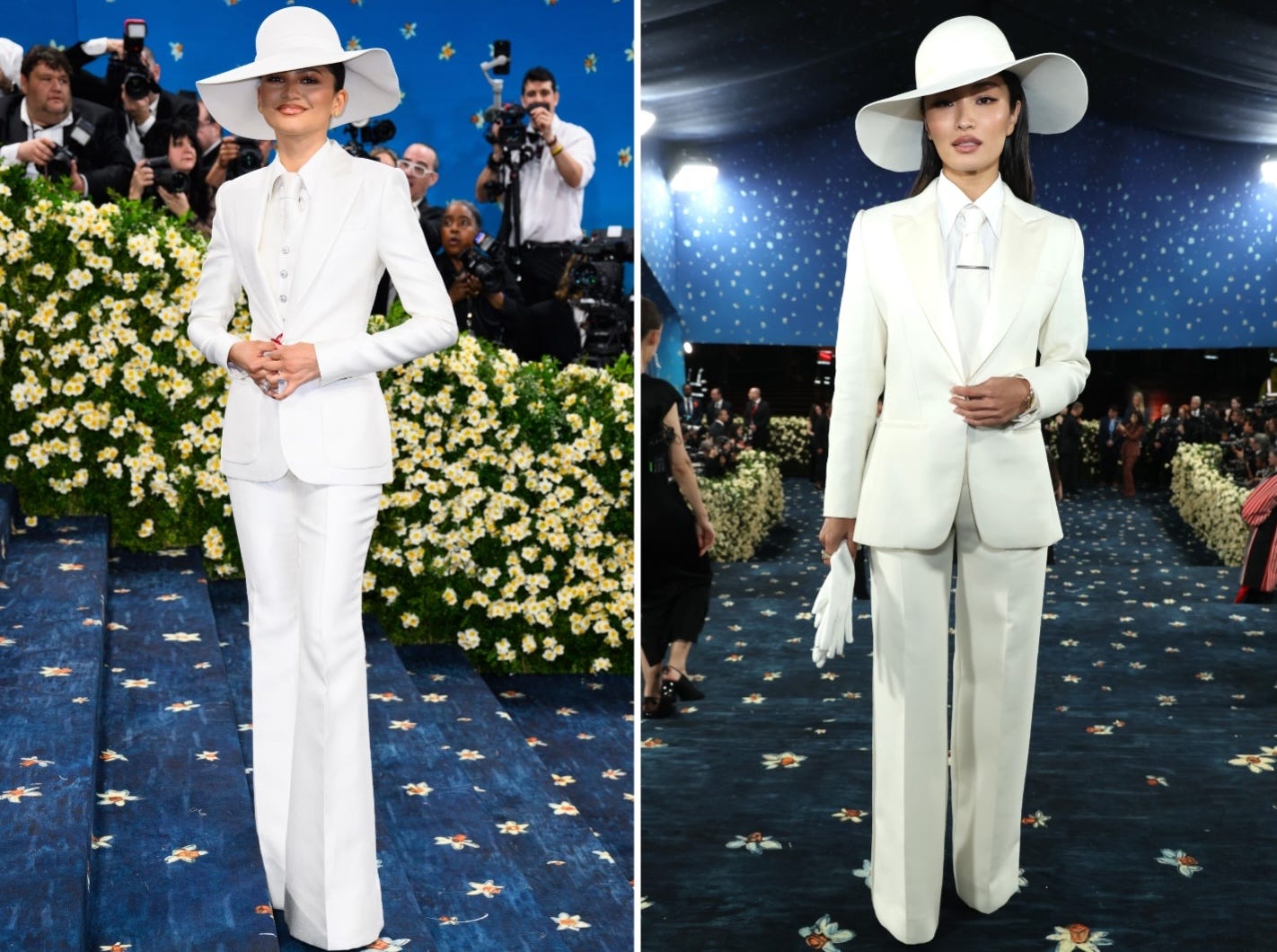 Zendaya wears a white suit at the Met Gala and Anna Sawai wears a similar ensemble at the same event.