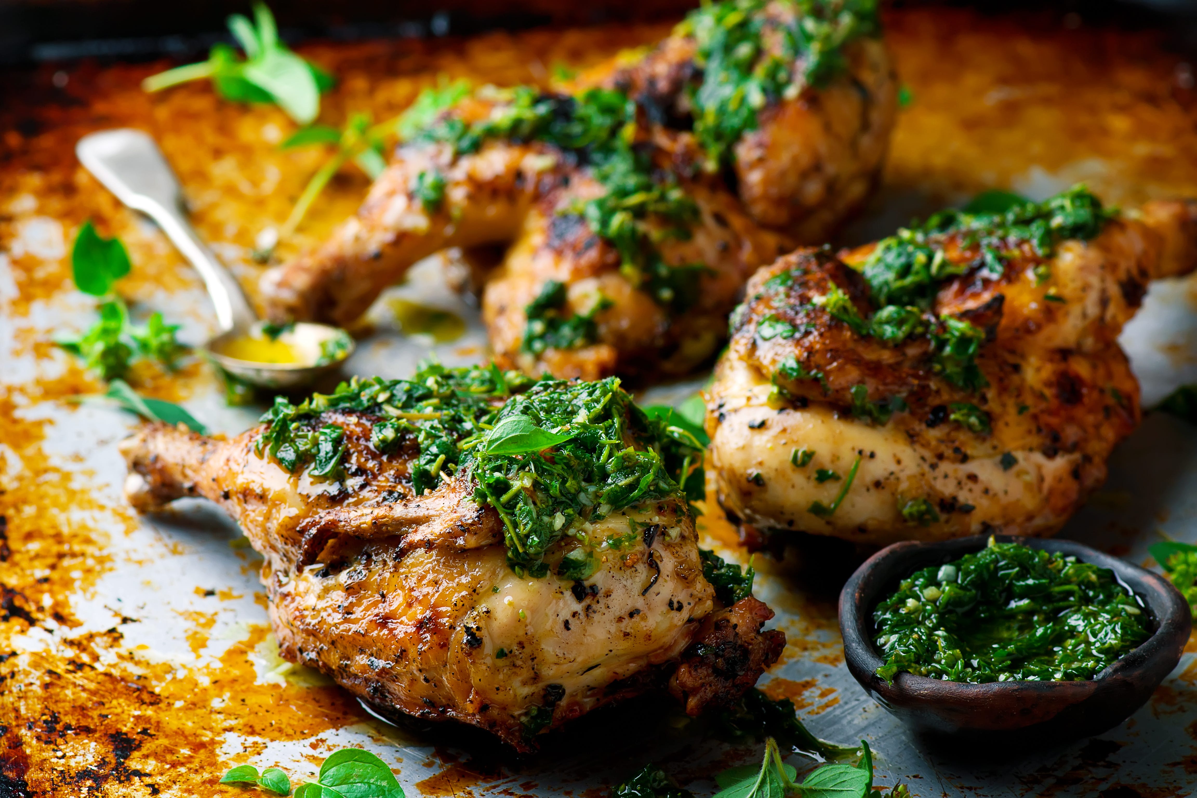 Grilled chicken topped with green herby sauce on pan