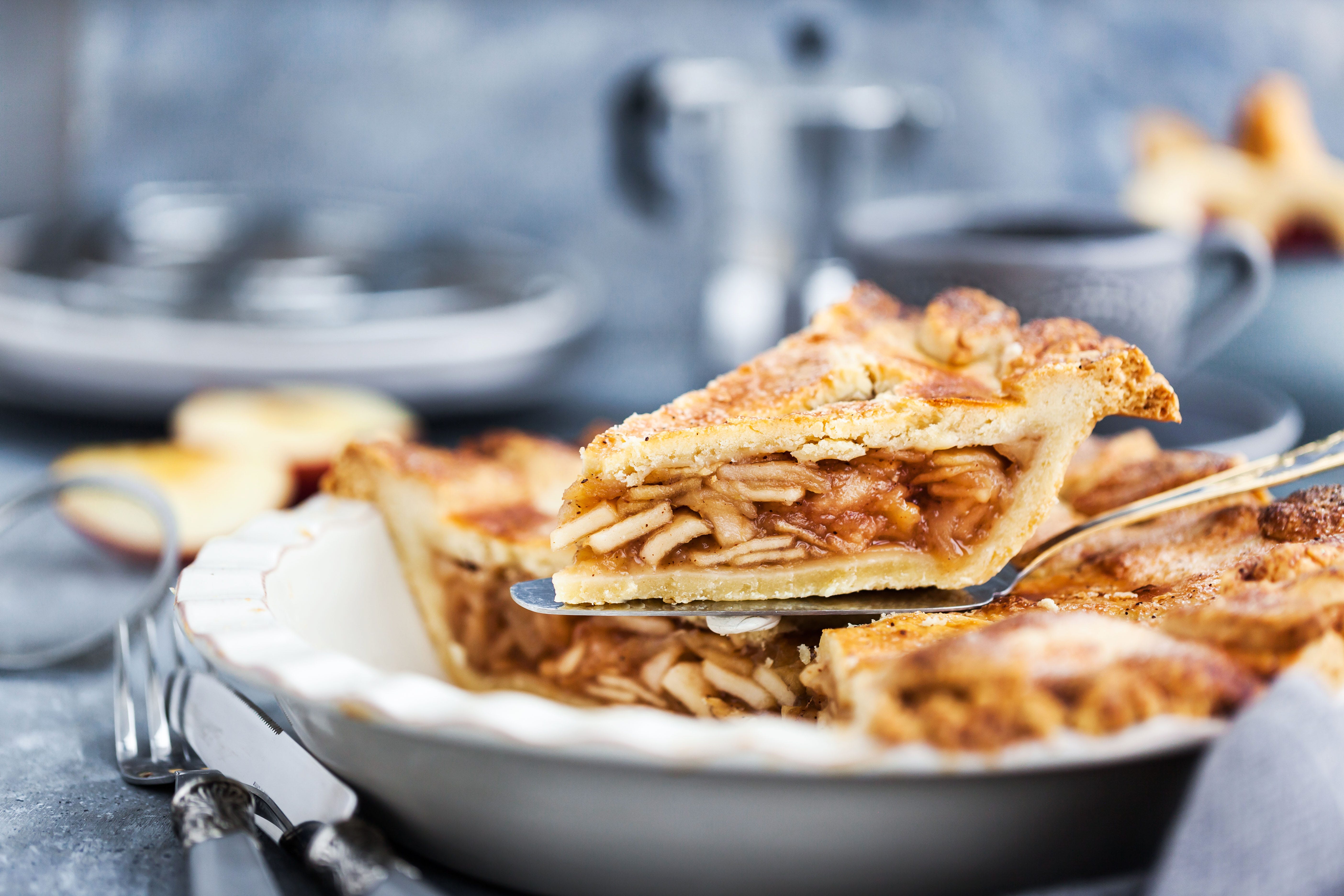Slice of apple pie on serving utensil