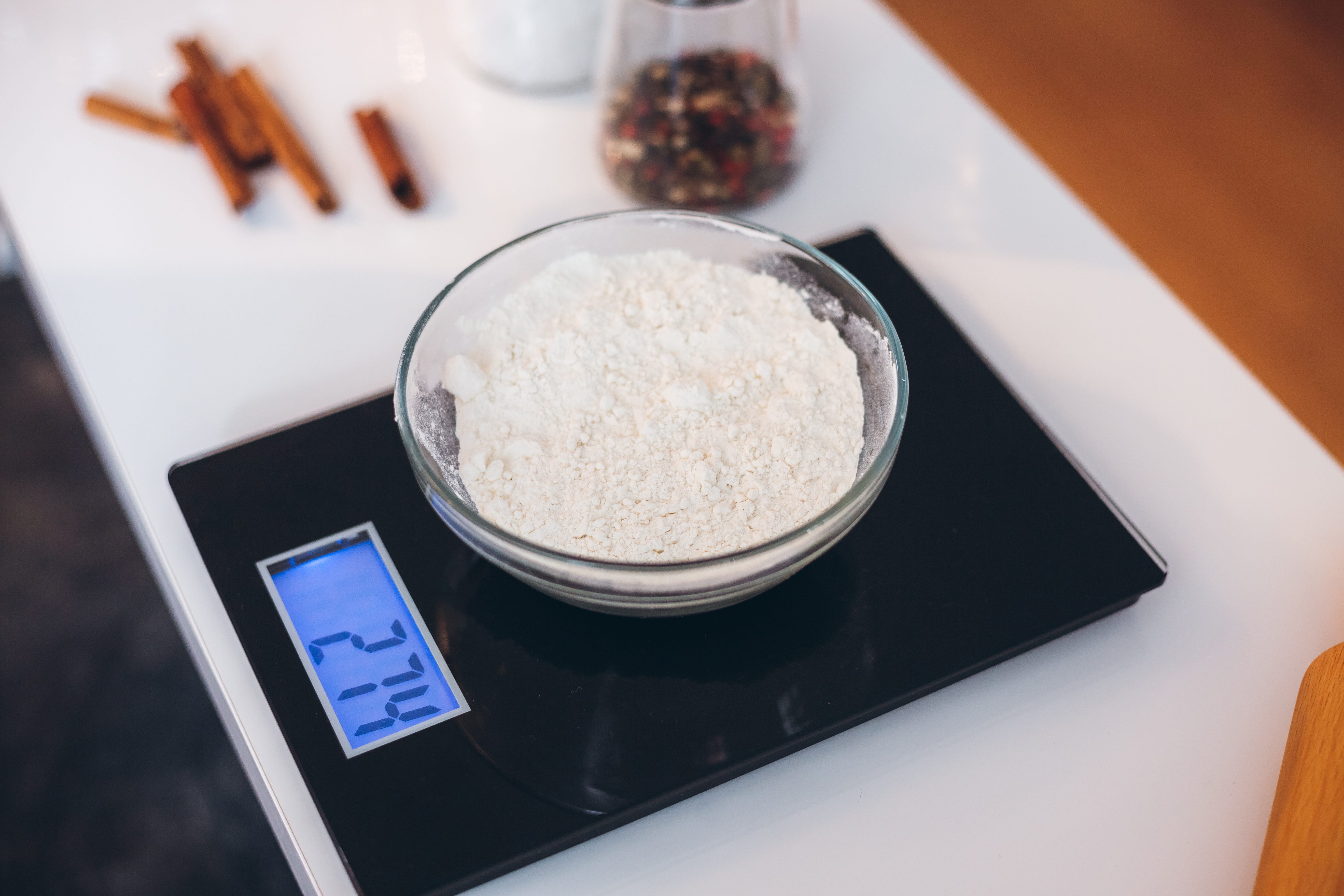 Bowl of flour on cooking scale