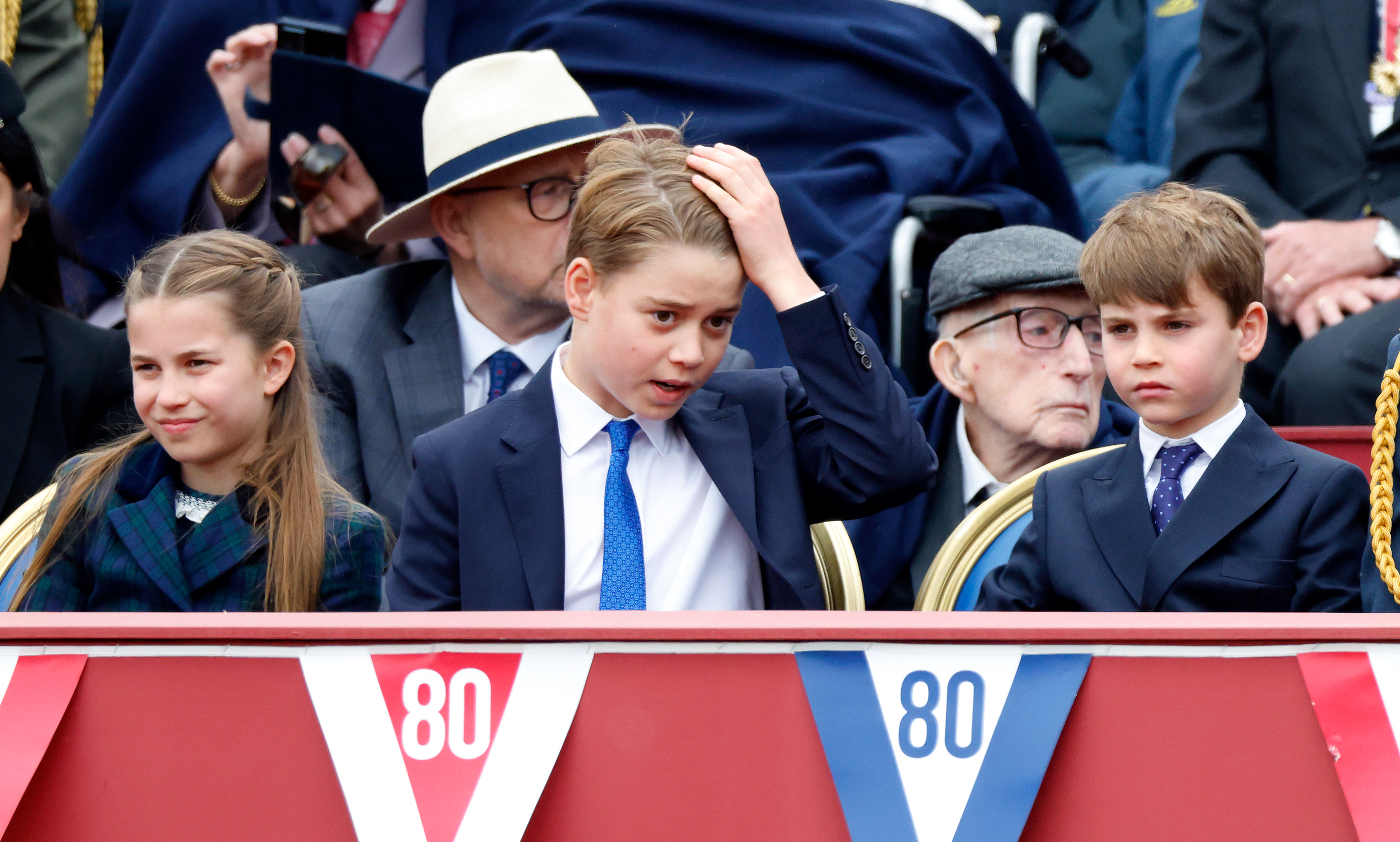 Princess Charlotte, Prince George and Prince Louis at the VE Day parade.