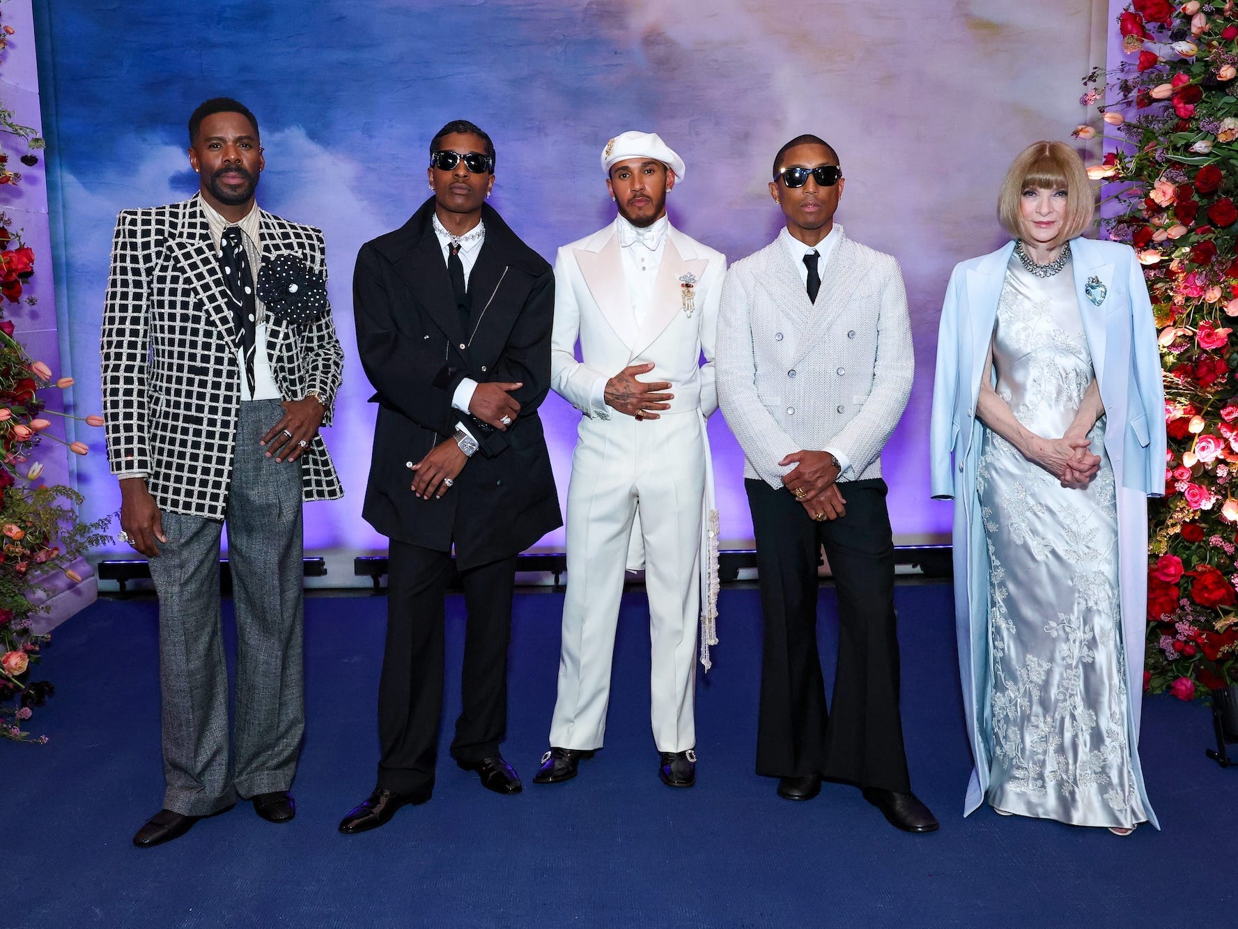 Colman Domingo, ASAP Rocky, Lewis Hamilton, Pharrell Williams, and Anna Wintour at the 2025 Met Gala.