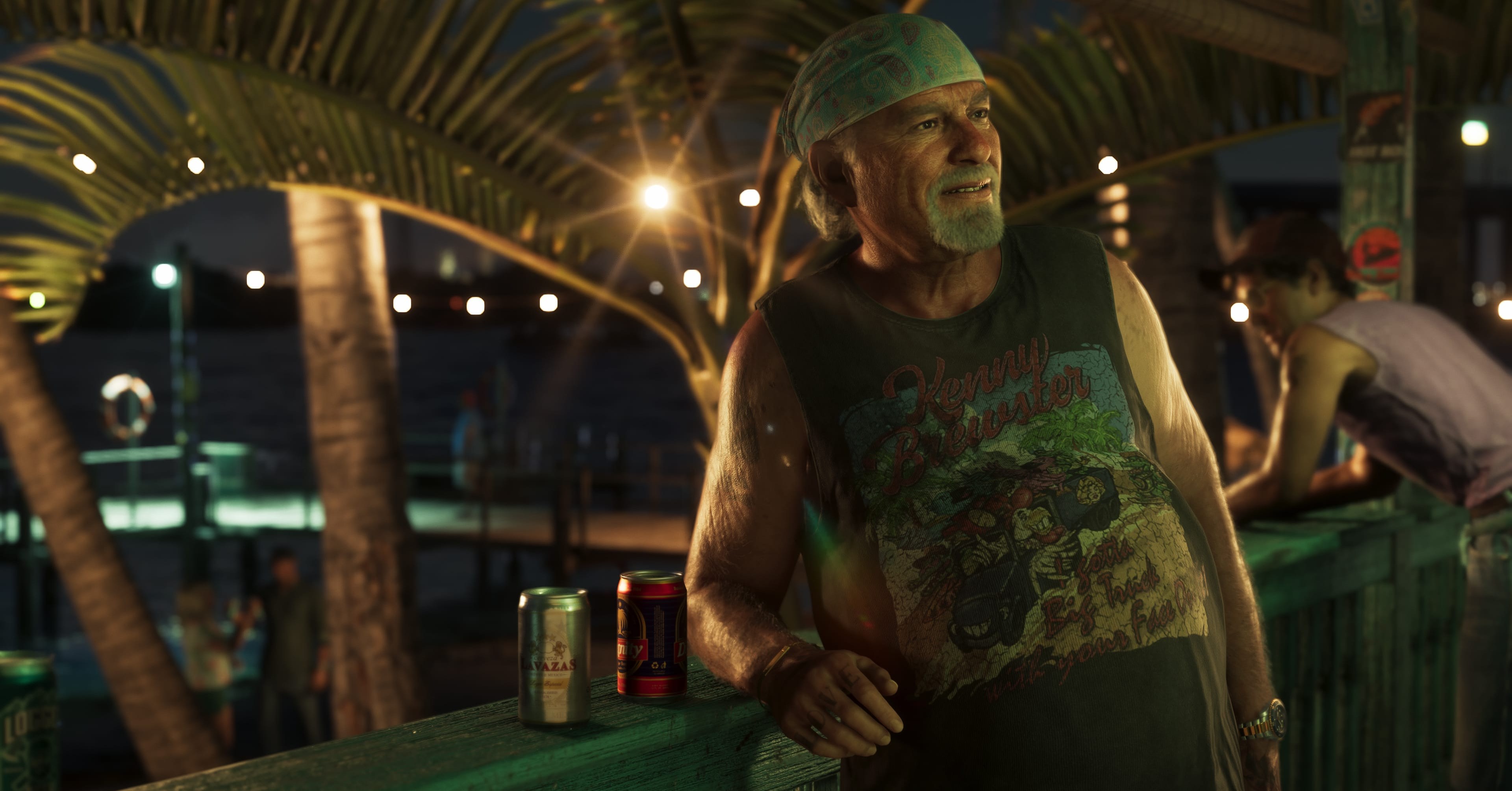 Brian Heder leans against a banister at a beach club in GTA 6