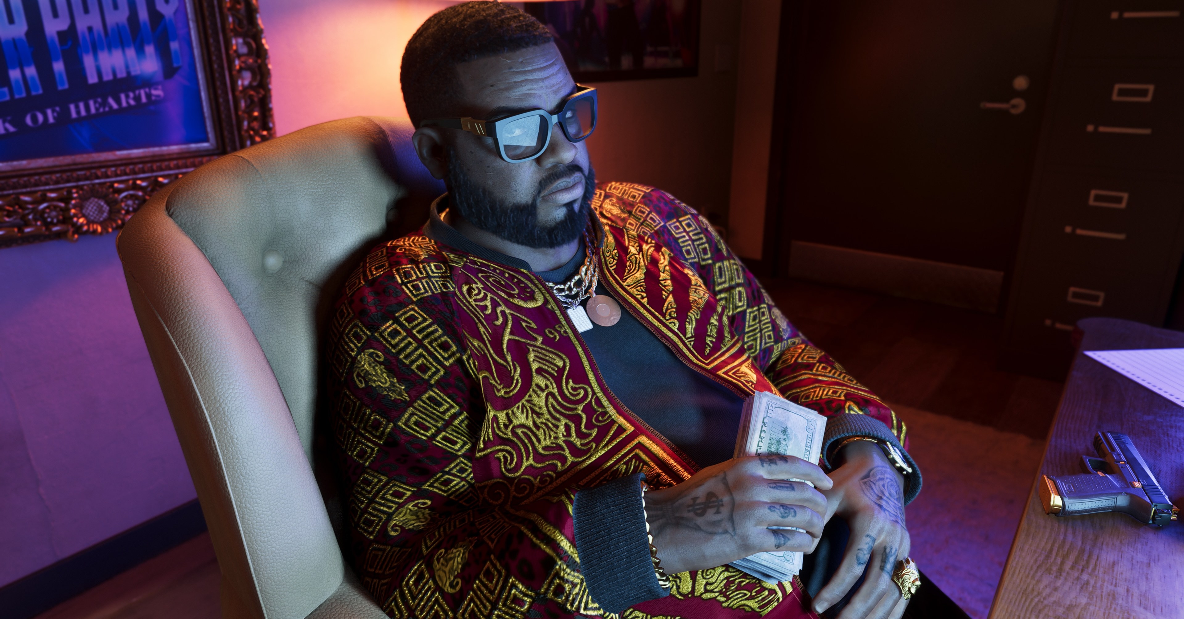 Boobie Ike sits in a chair in a dark room in GTA 6