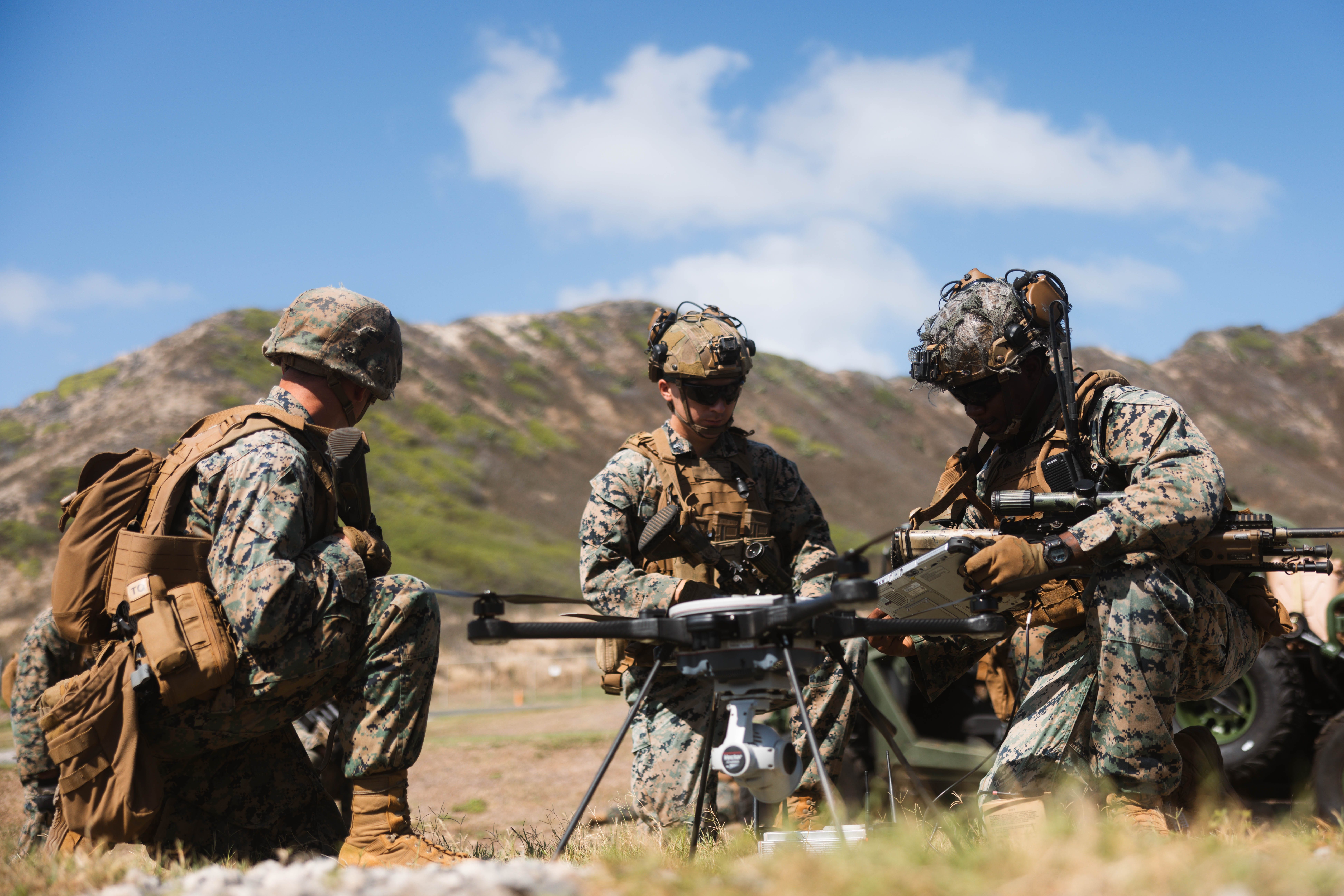 U.S. Marines with 3rd Marine Division, operate an R80D Sky Raider drone during a training event on Marine Corps Base Hawaii, Oct. 15, 2024.