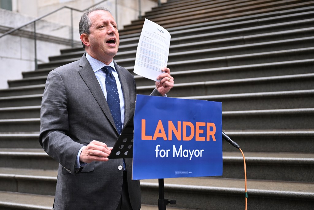 Brad Lander, NYC Comptroller and 2025 Democratic Mayoral candidate, speaking at a press conference on the steps of Tweed Courthouse, Manhattan