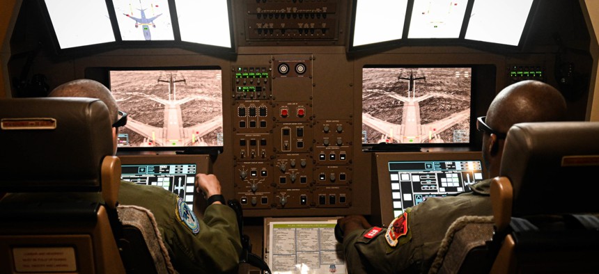 The boom operators' station on a KC-46 Pegasus tanker.