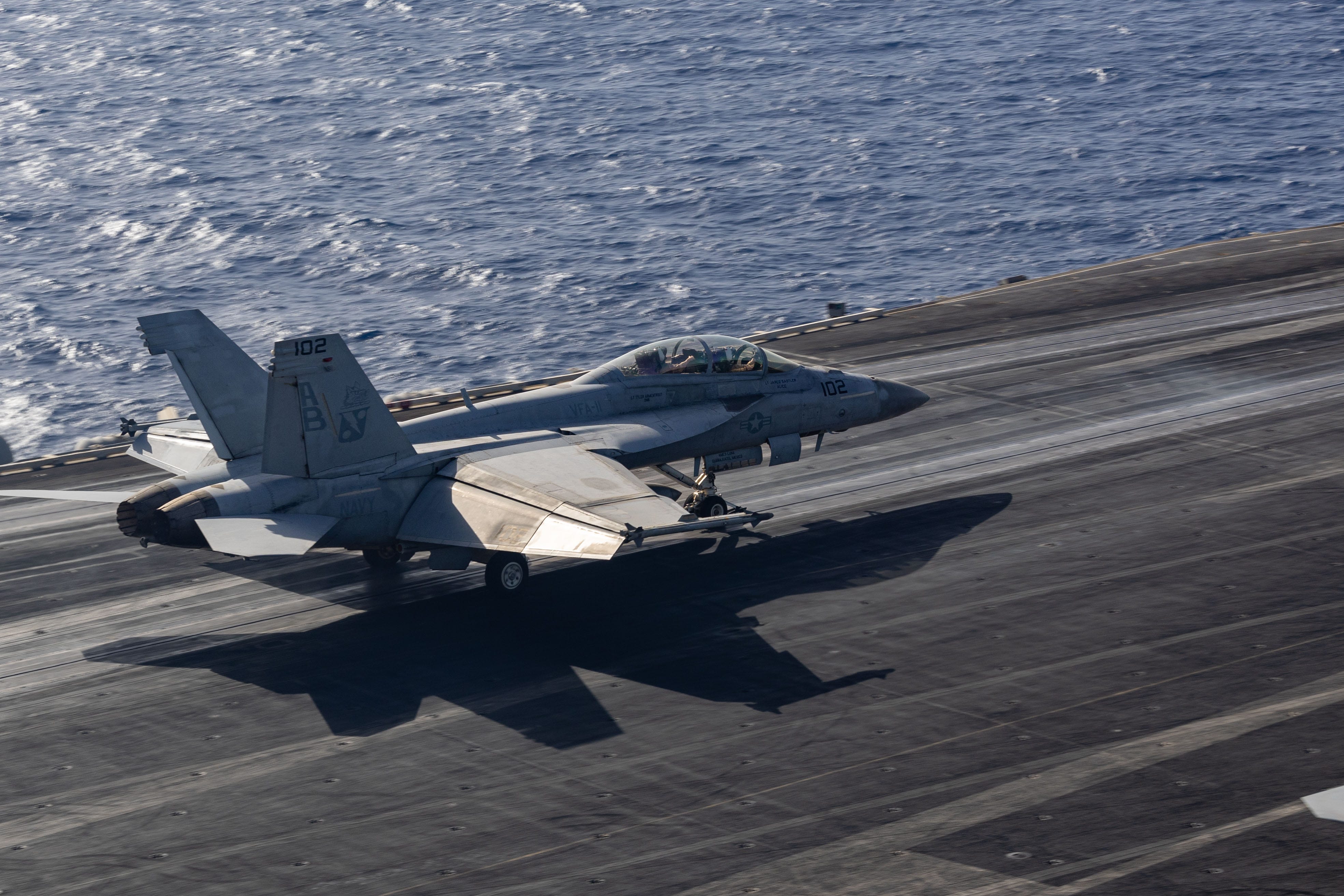 An F/A-18F Super Hornet, attached to Strike Fighter Squadron (VFA) 11, launches from the flight deck of the Nimitz-class aircraft carrier USS Harry S. Truman (CVN 75) during flight operations in the U.S. Central Command area of responsibility.