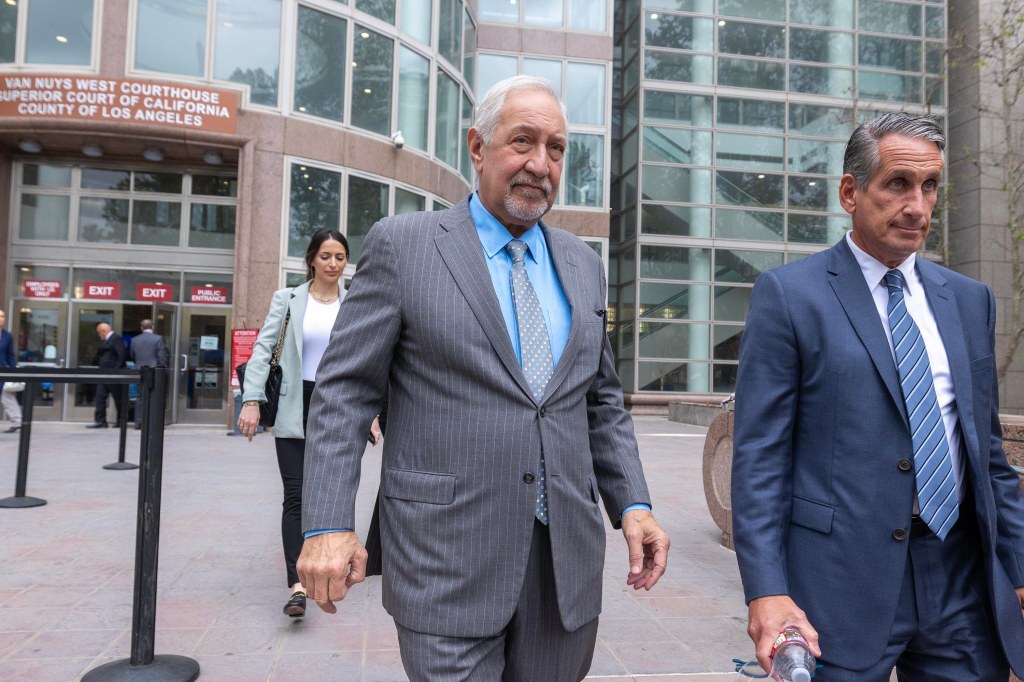 Attorneys Mark Geragos and Bryan Freedman, R, leave the Van Nuys West Courthouse, April 17, 2025.