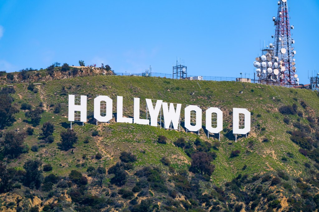 General view of the Hollywood Sign above Lake Hollywood in California, 2025