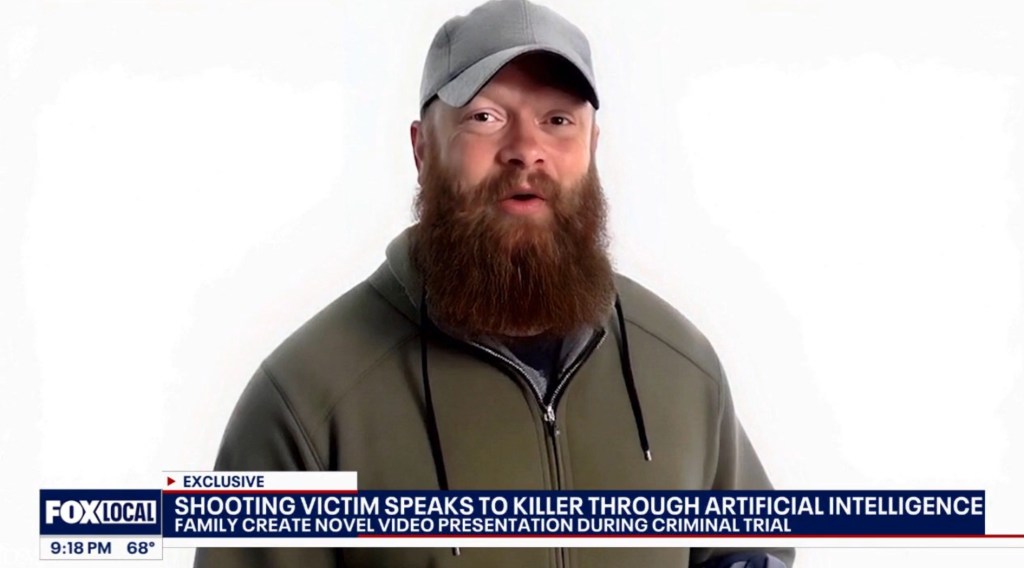 An eerie simulacrum created of David Pelkey, the victim in a road rage incident from 2021, spoke to the audience inside court Monday.