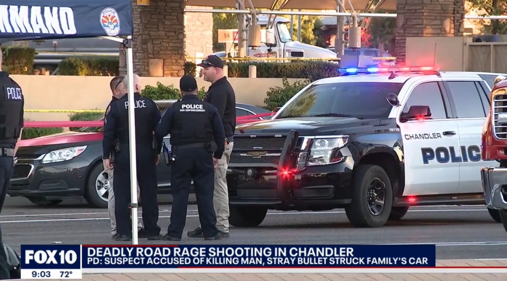 Police investigate the scene of a road rage incident in Arizona.