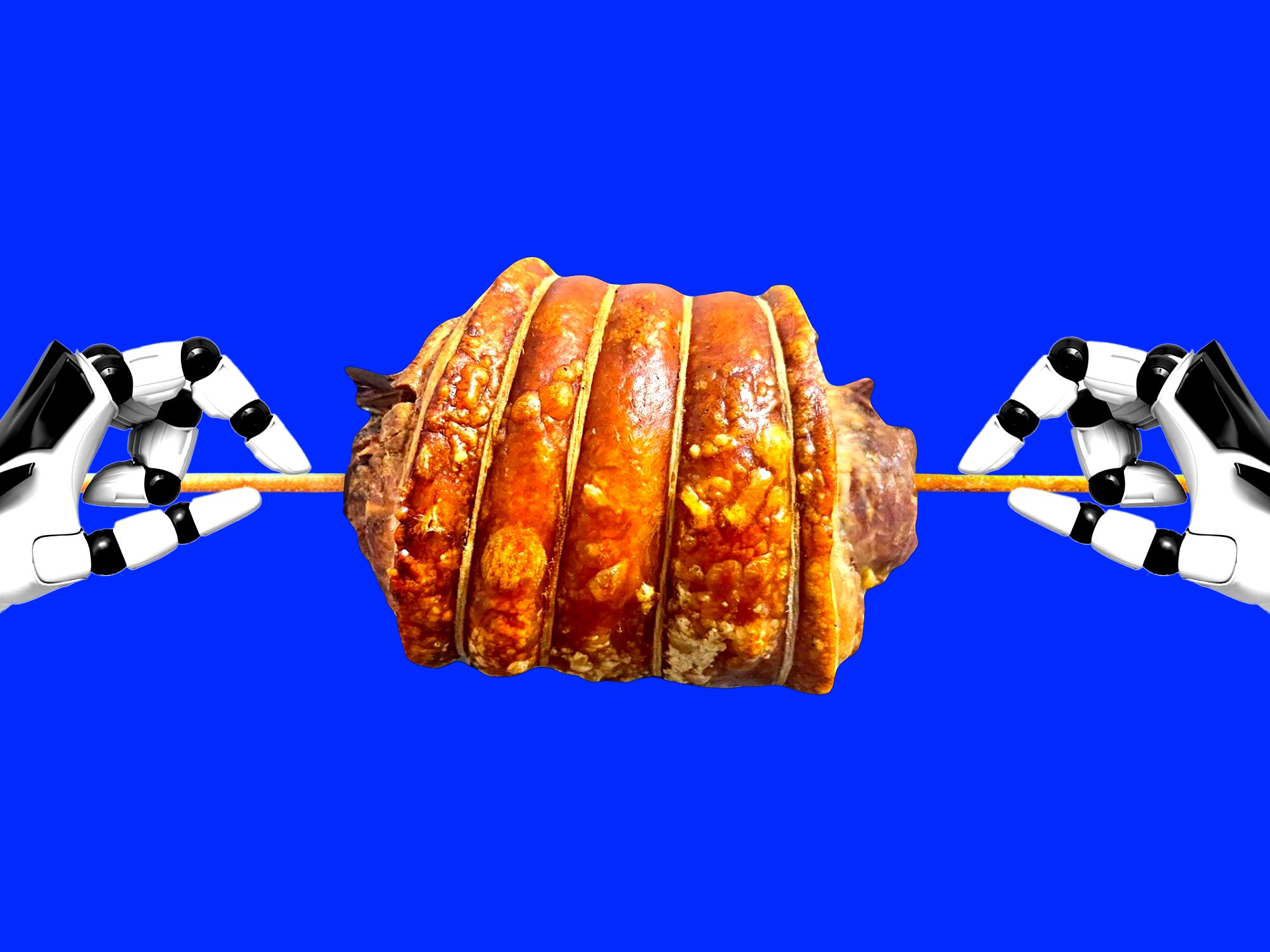 Robot hands holding lechon on a spit