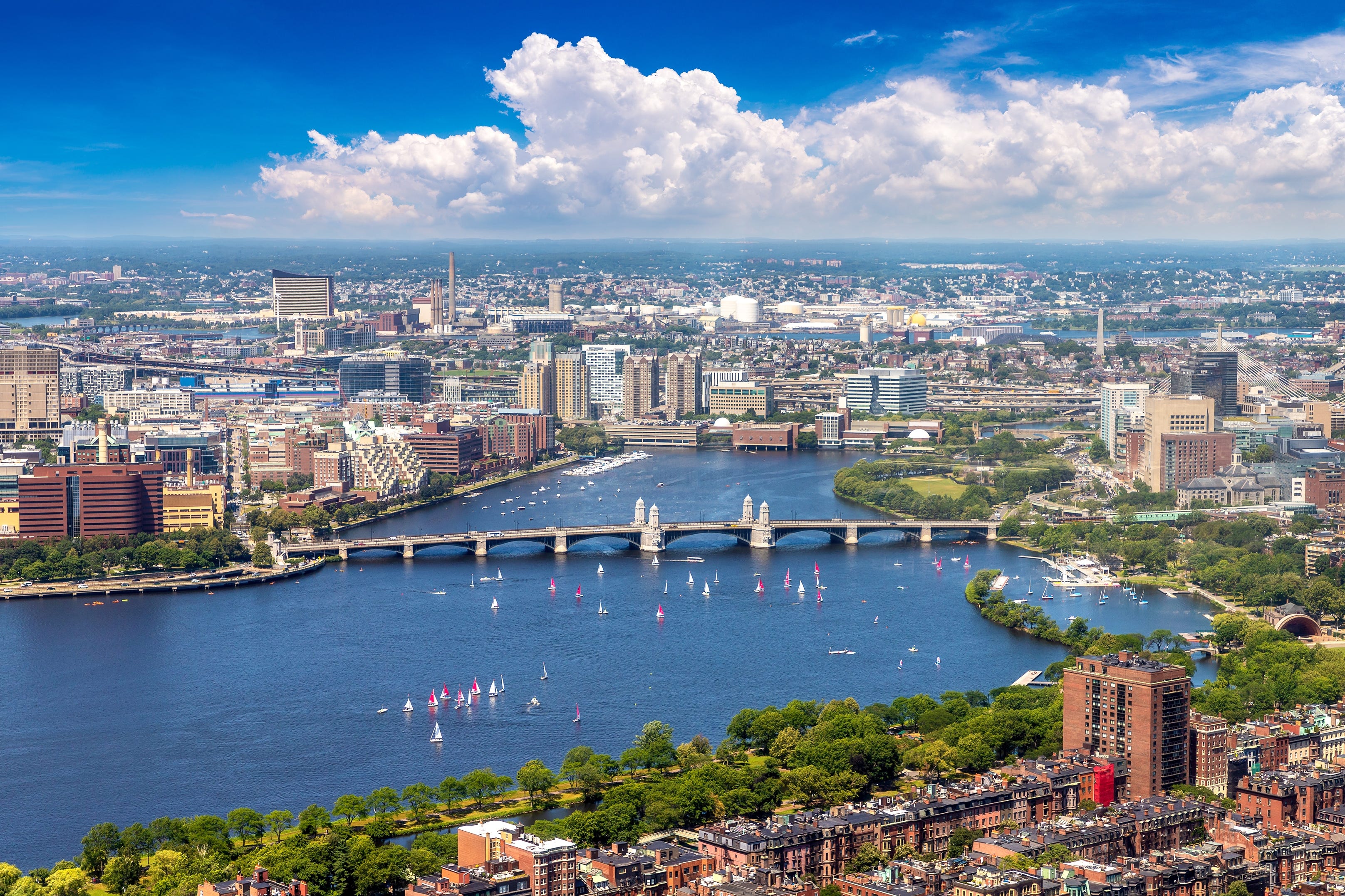 Aerial view of Boston showcasing the Charles River.