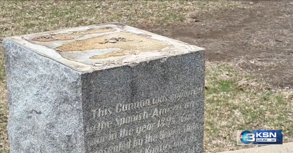 The granite pedestal was damaged when the cannon was removed.  