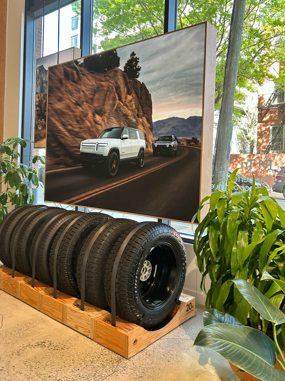 Tires at Rivian showroom in Brooklyn