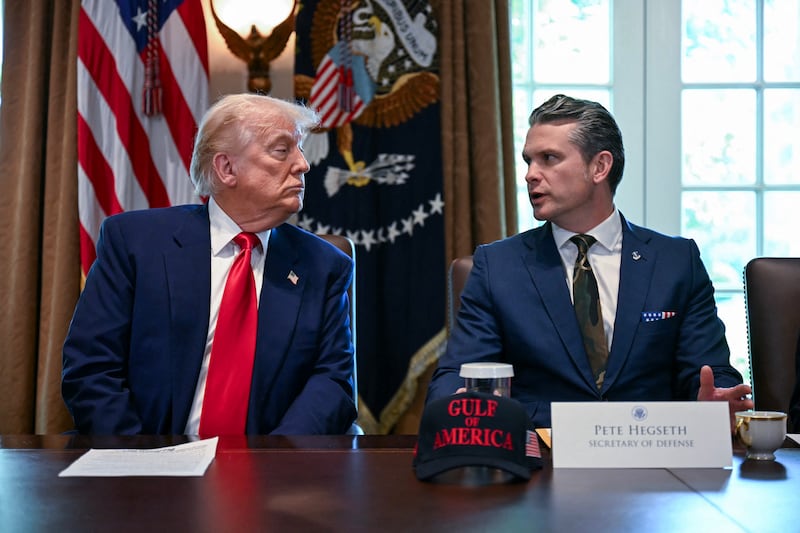 Defense Secretary Pete Hegseth was seated next to President Donald Trump at a Cabinet meeting on April 30 where the president joked he was his "least controversial person."