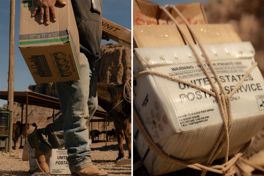 2 photos: person carrying dusty box; close-up of plastic USPS mail bin roped to side of mule