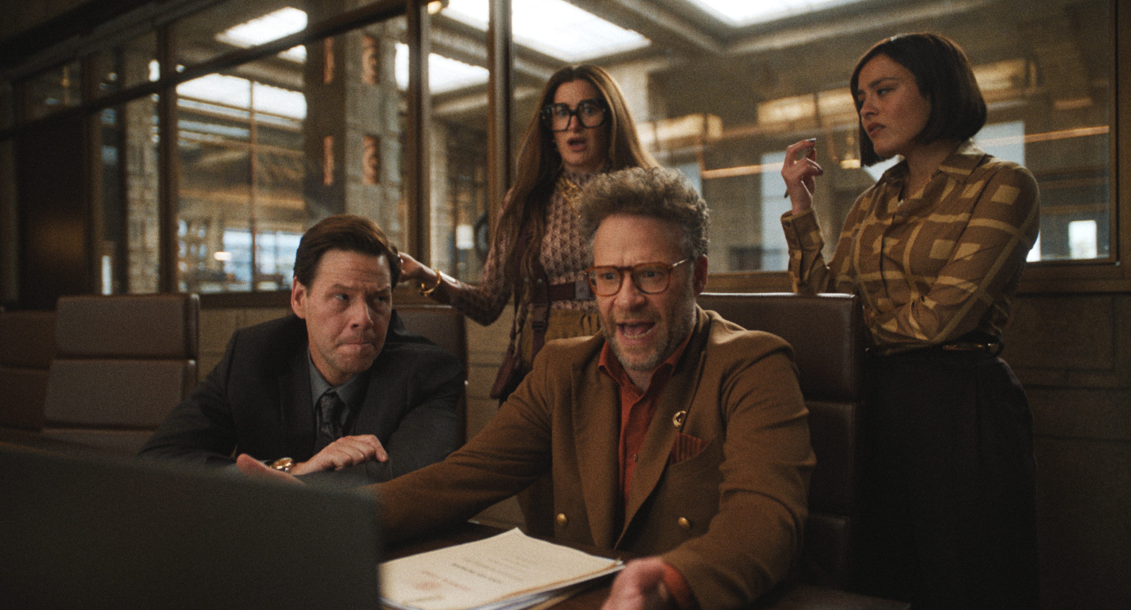 Ike Barinholtz, Kathryn Hahn, Chase Sui Wonders, and Seth Rogen in "The Studio."