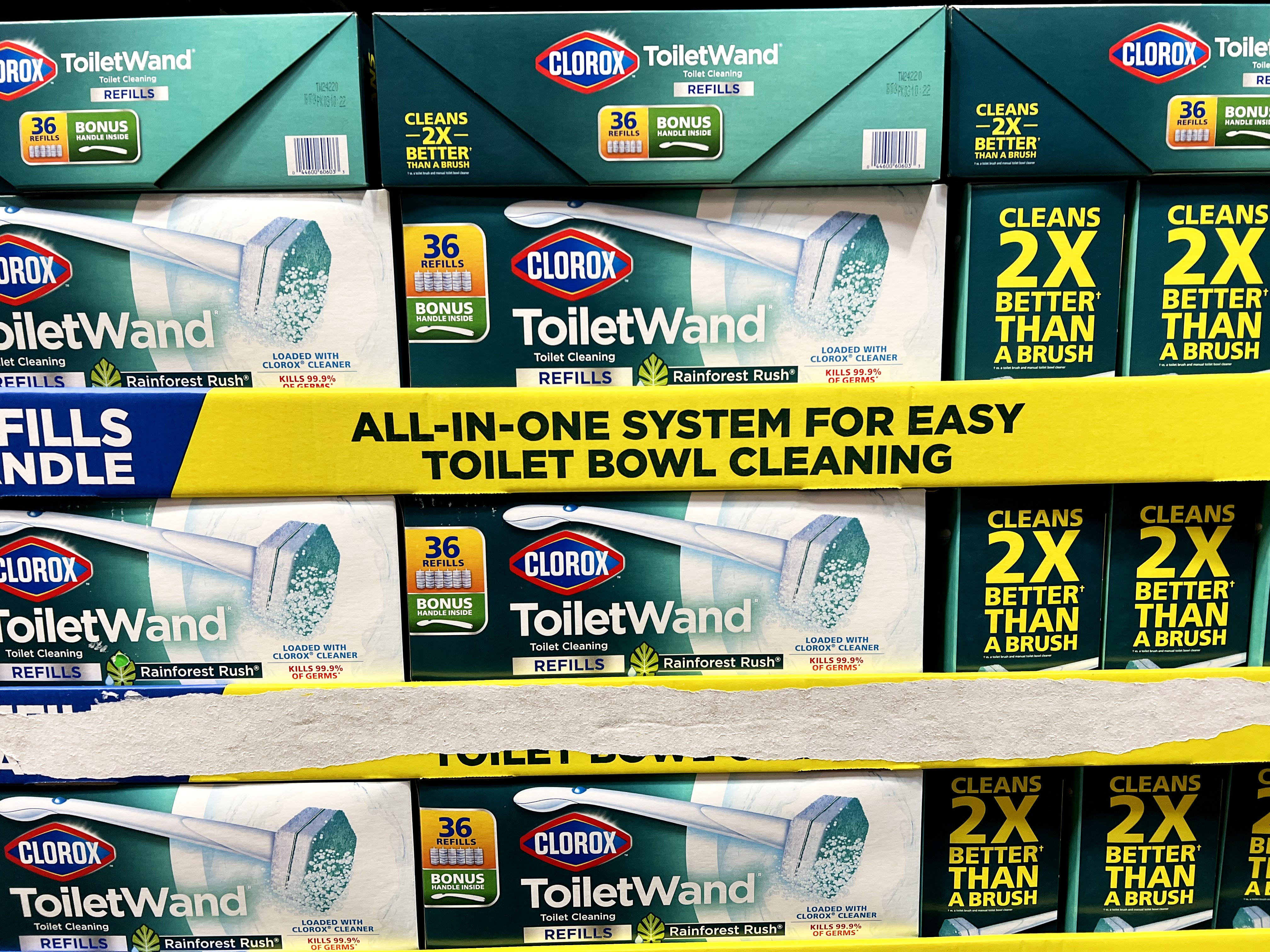 Boxes of Clorox ToiletWands on a shelf at Costco.
