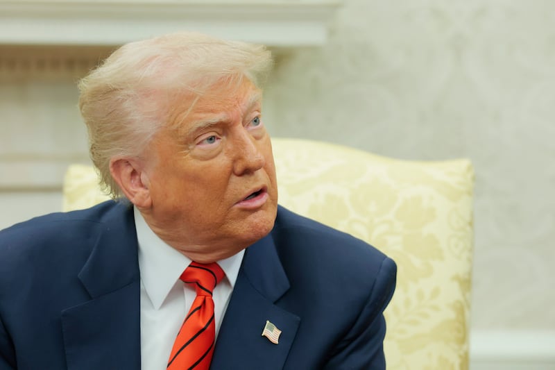 President Donald Trump speaks to reporters n the Oval Office at the White House on May 6, 2025 in Washington, D.C.