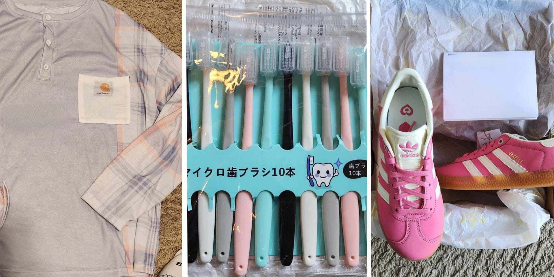 Side by side photos of a knockoff Carhartt shirt, a pack of toothbrushes and some pink trainers