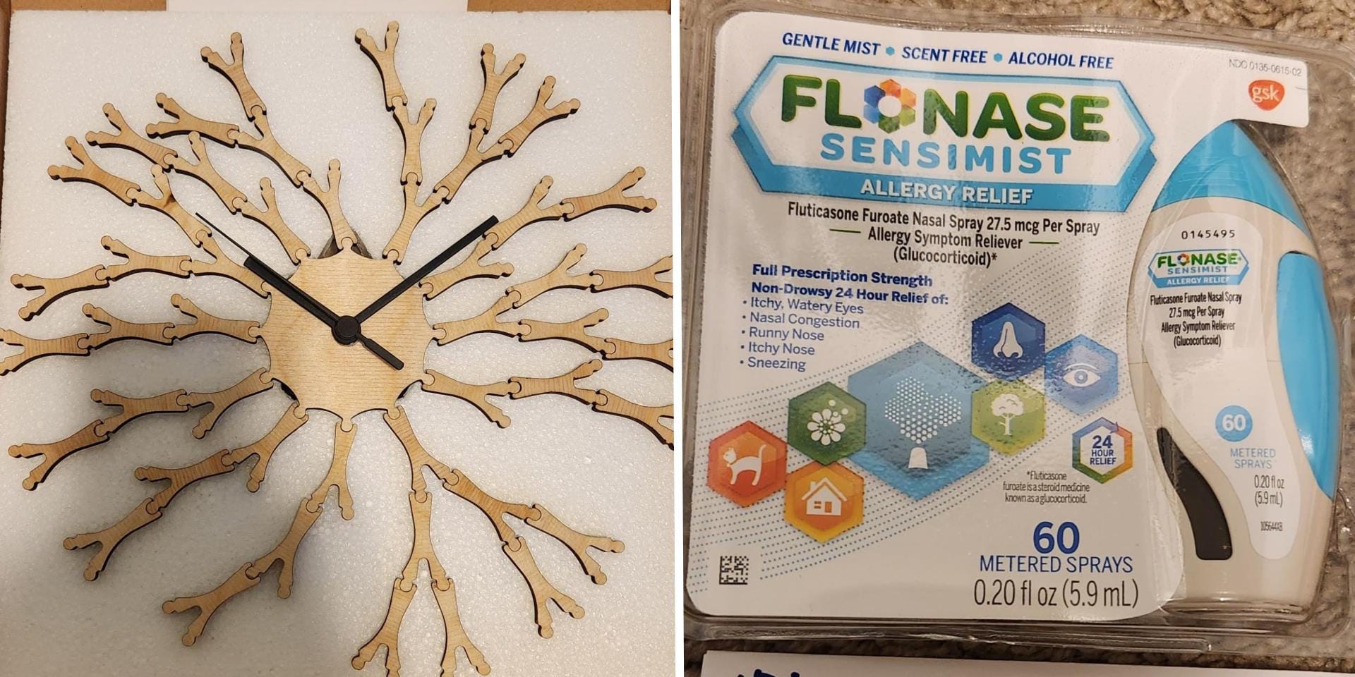 Side by side photo of a wooden clock and a pack of nasal spray