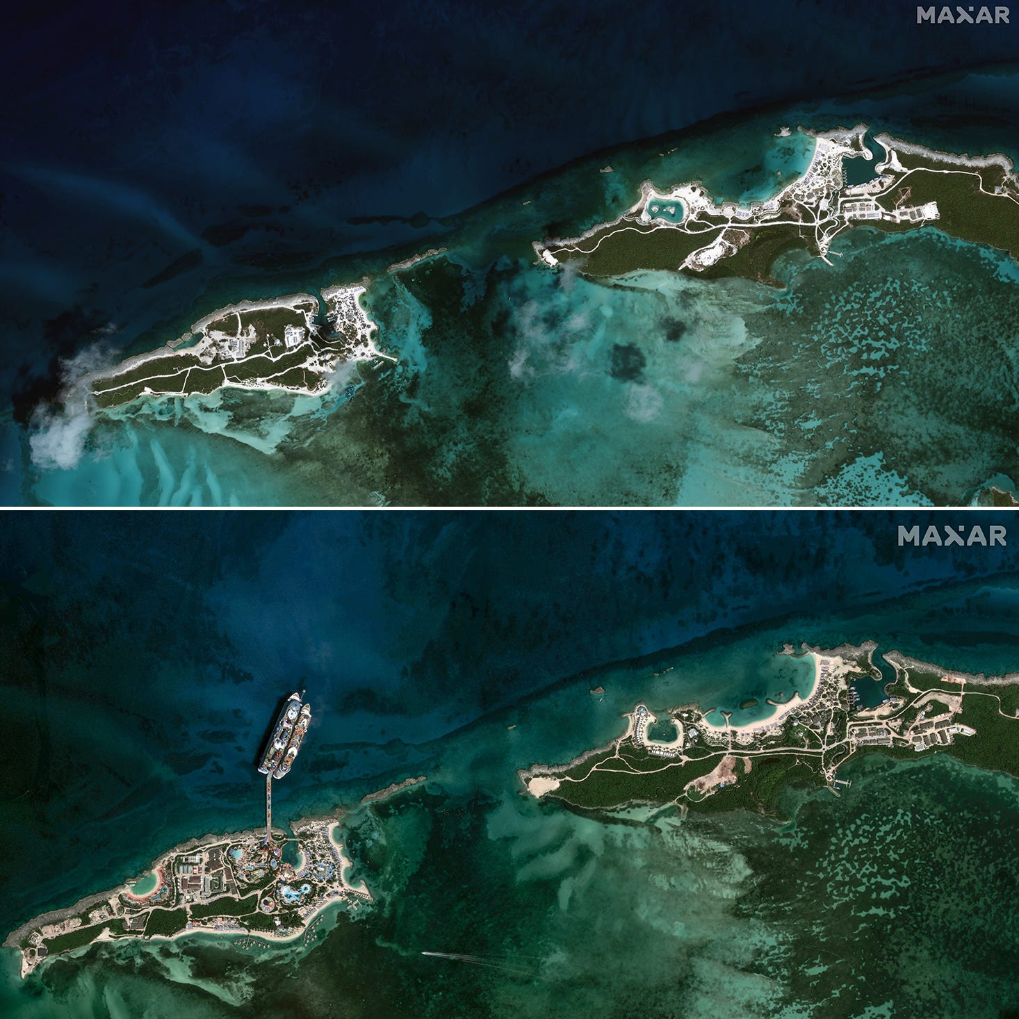 composite of Perfect Day at CocoCay + Great Stirrup Cay in 2016 and 2024