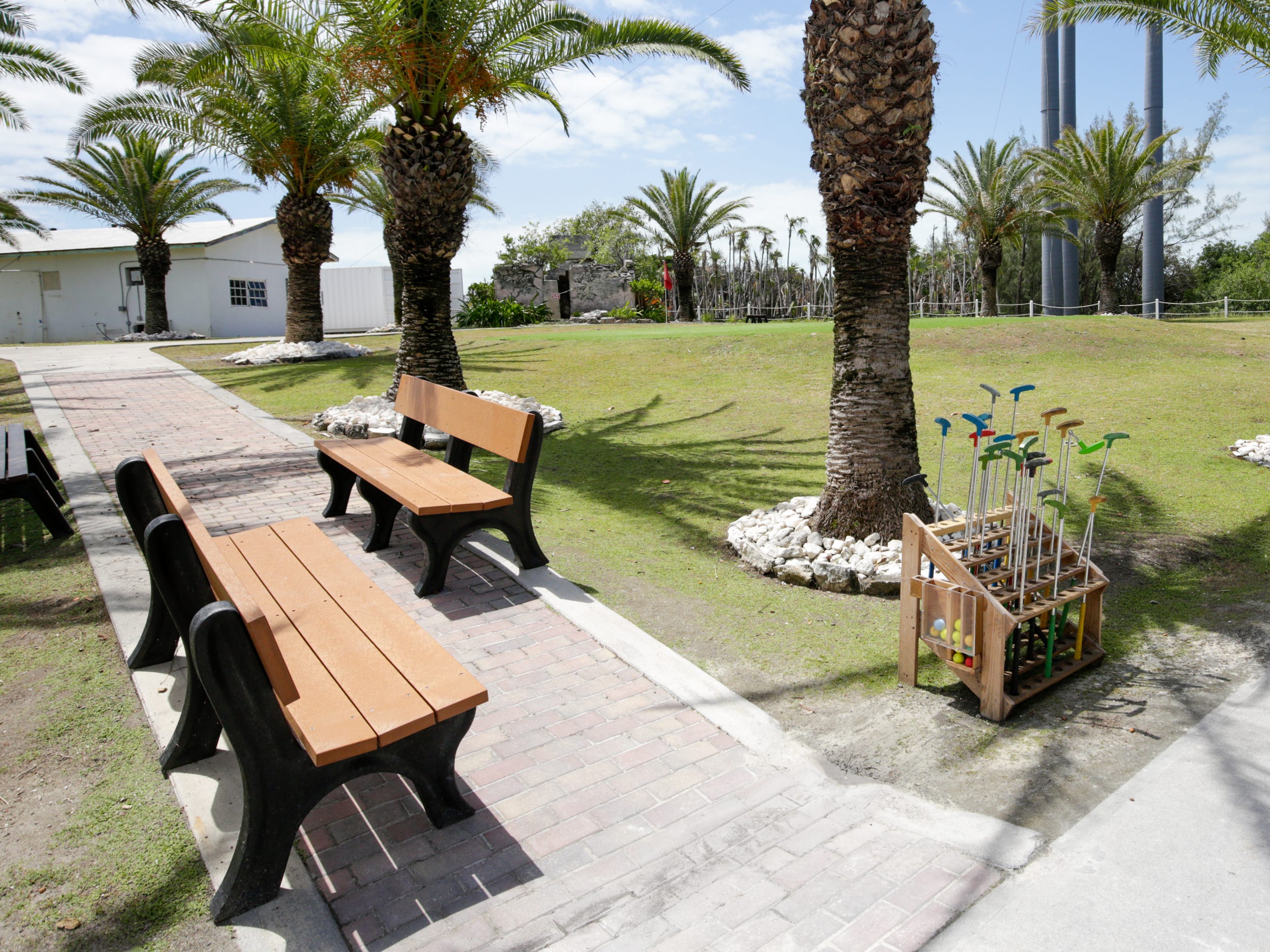 mini golf and benches at Norwegian's Great Stirrup Cay private island