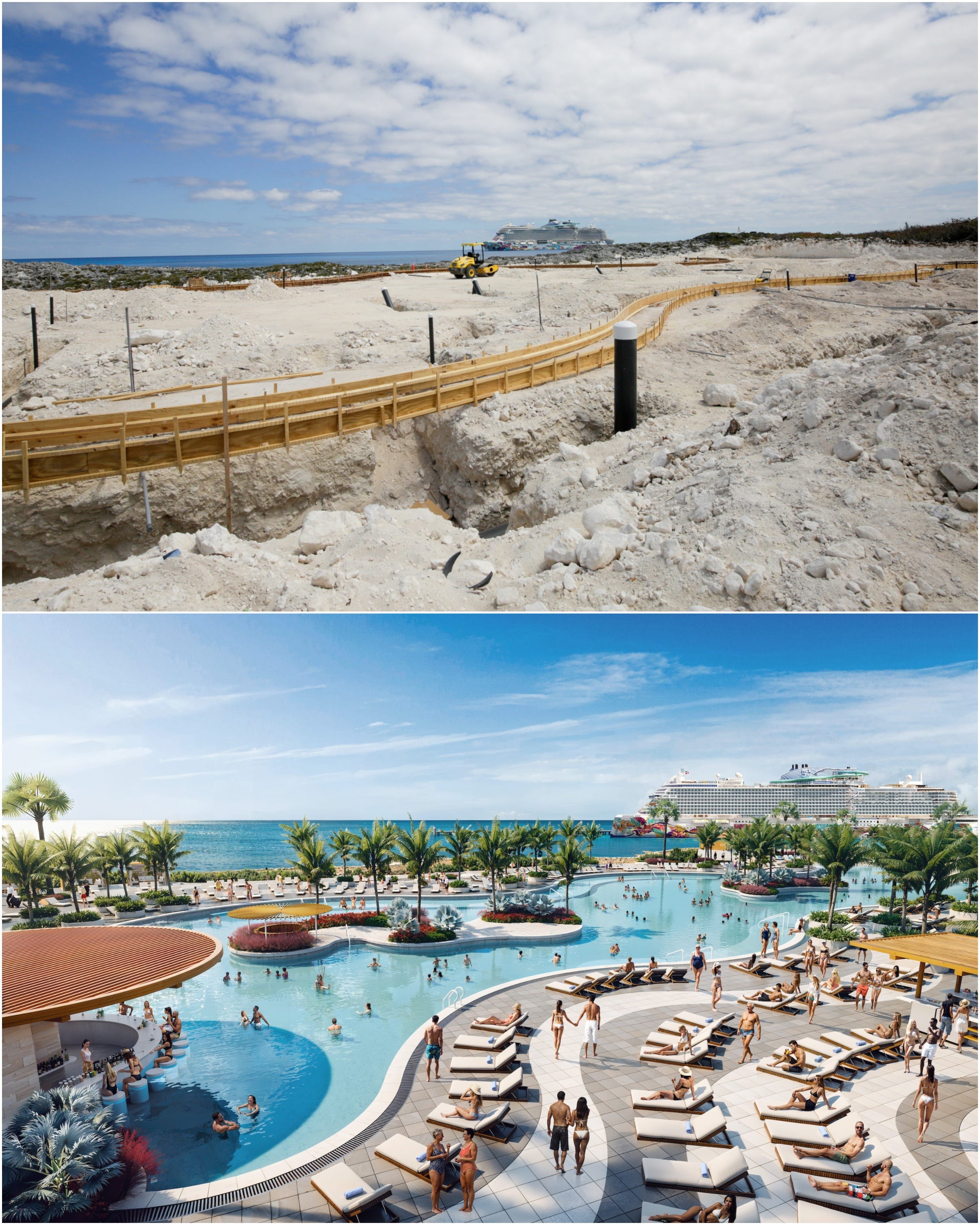 composite of rendering of Great Stirrup Cay pool and its construction site