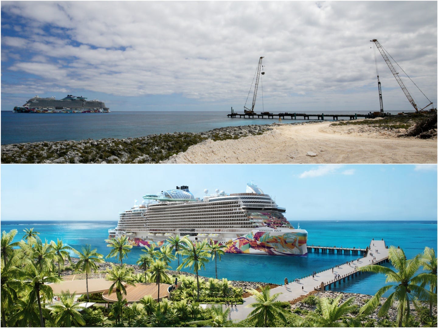 composite of rendering of Great Stirrup Cay pier and its construction site