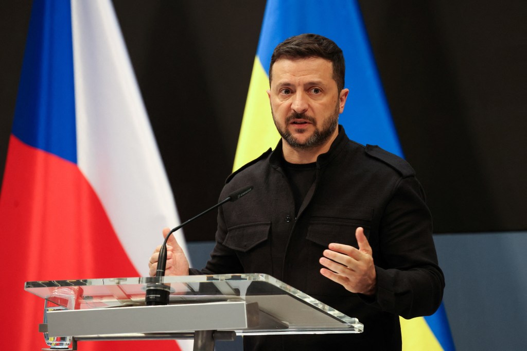 Volodymyr Zelensky holds a joint press conference with Czech Prime Minister Petr Fiala, in Prague, Czech Republic, May 5, 2025.