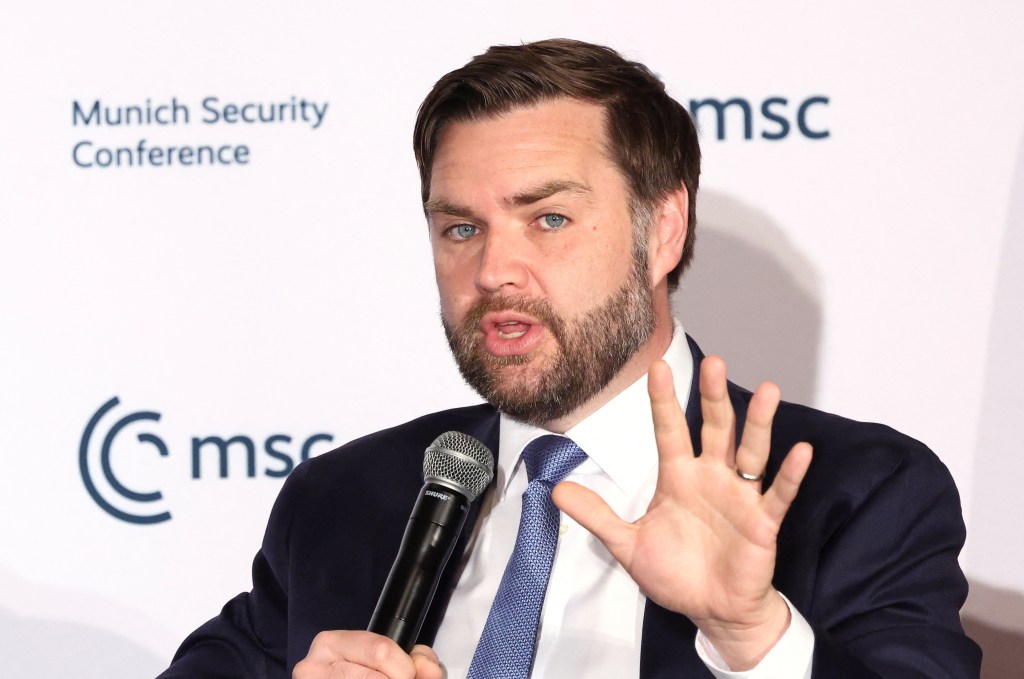 JD Vance participates in a discussion at a Munich Security Conference event in Washington, DC, on May 7, 2025.