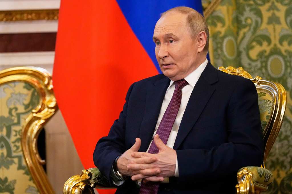 Vladimir Putin speaks at a meeting in Moscow, Russia on May 7, 2025. 