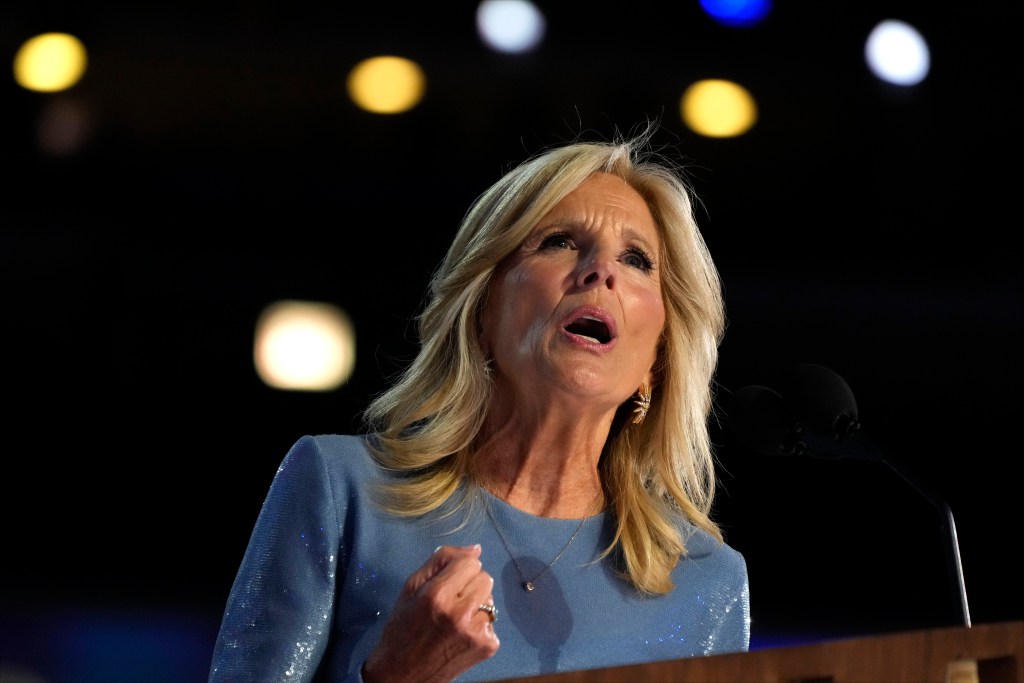 First lady Jill Biden speaks during the first day of Democratic National Convention, Monday, Aug. 19, 2024, in Chicago. 