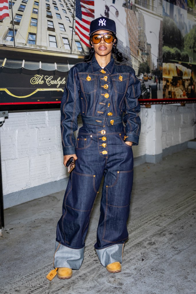 Teyana Taylor rocks a denim onsie while out in NYC.